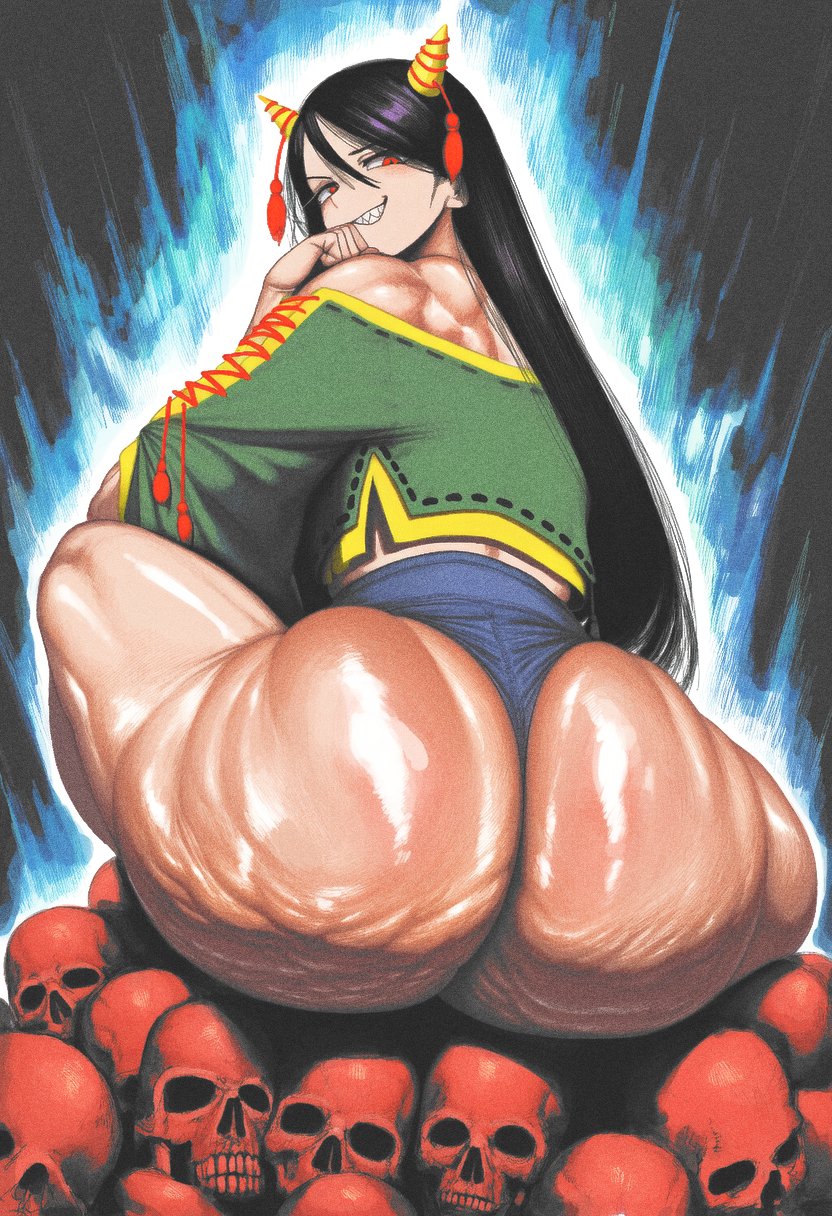 1girls, 2d, ai generated, ass, ass eating shorts, ass hanging out, ass hanging out of shorts, bare shoulders, barely contained, big ass, black hair, booty shorts, bottom heavy, cellulite, clothed, clothed female, dark background, fat ass, female, female focus, female only, goddamnparasite, grin, hand under chin, huge ass, large ass, long hair, looking at viewer, looking back at viewer, nippaku zanmu, oni, oni horns, pile of skulls, red eyes, sharp teeth, shiny ass, shiny skin, short shorts, shorts, sitting, sitting on skull, skull, solo, source, thick thighs, touhou, wide hips