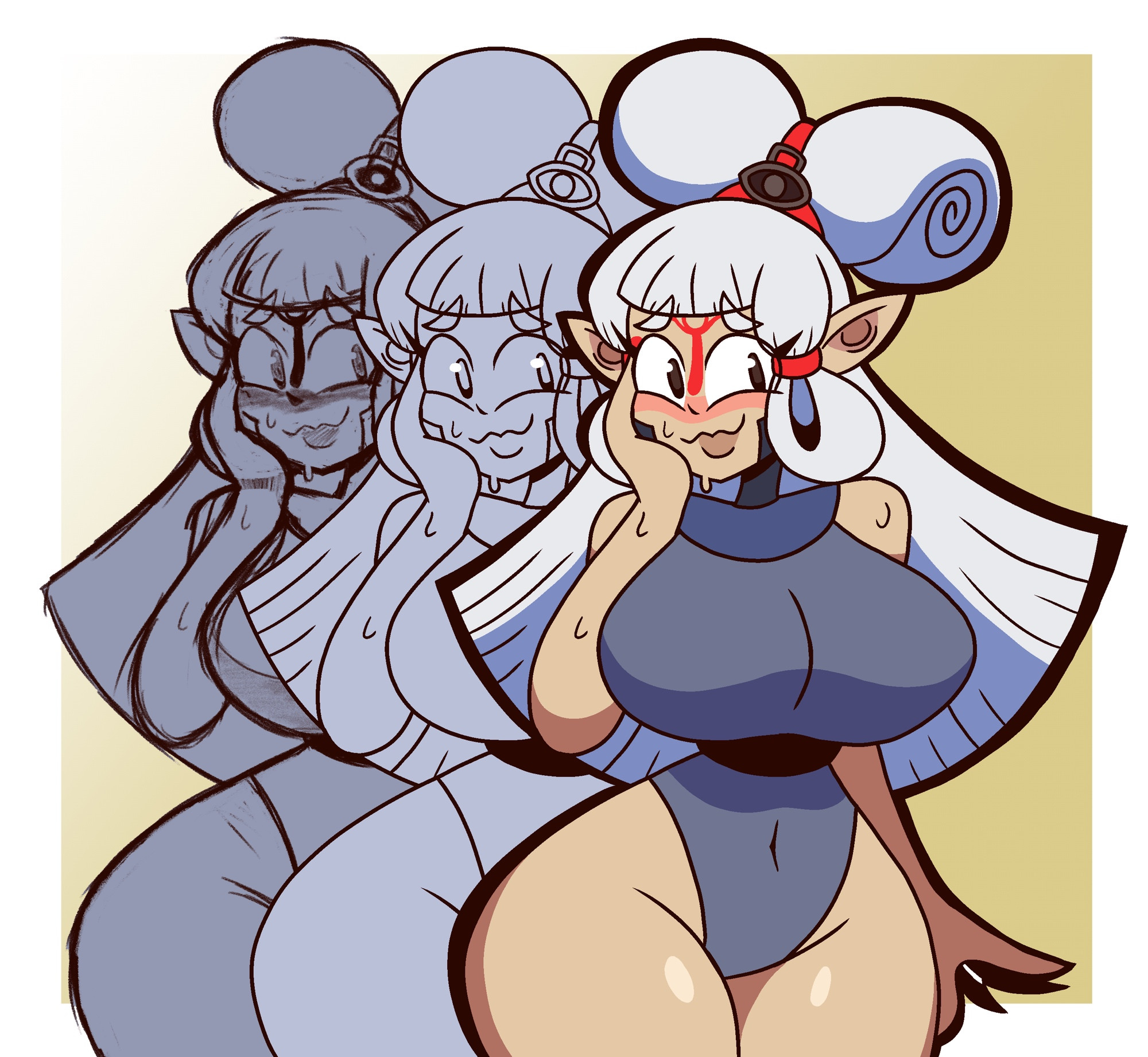 1girls, big breasts, bluesky link, blush, blushing female, colored, digital drawing (artwork), digital media (artwork), embarrassed smile, female, female only, jaktroose, looking at viewer, nervous smile, nintendo, paya (the legend of zelda), smile, tears of the kingdom, the legend of zelda, thighs