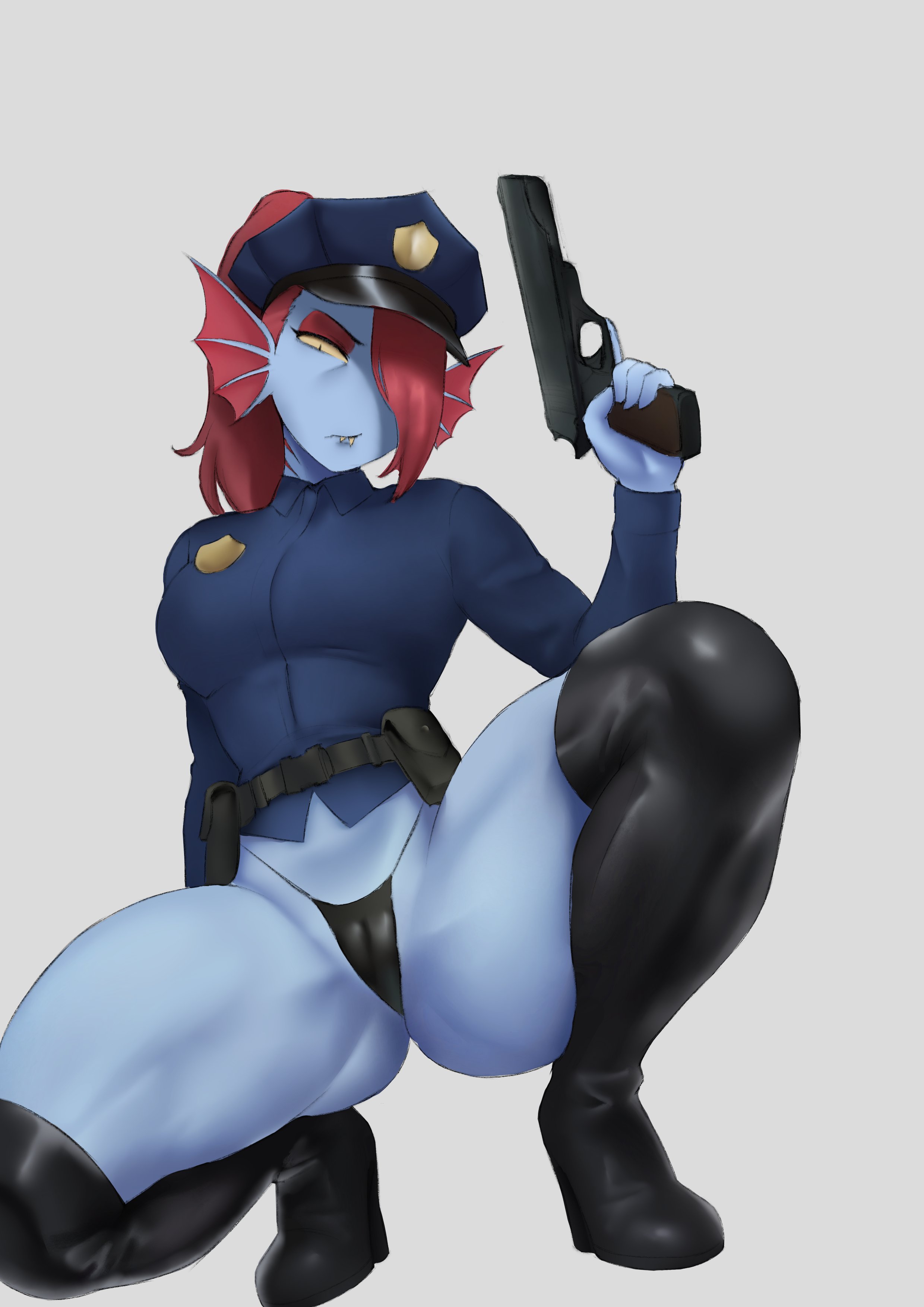 black bikini, black high heels, blue skin, cop, cop outfit, deltarune, female, female only, gun, hair over one eye, high heels boots, long hair, looking at viewer, meruzis, red hair, sharp teeth, thick ass, thick thighs, undertale, undertale (series), undyne, undyne (deltarune)
