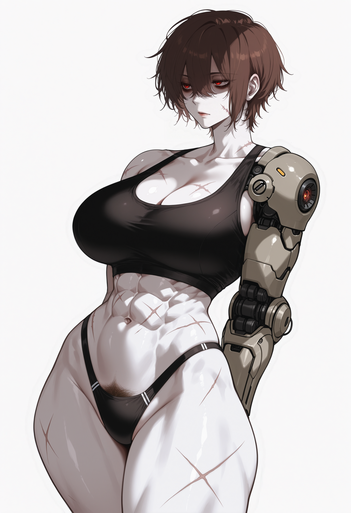 1girls, abs, ai, ai art, ai generated, ai-created, akira (uersor), arms behind back, bags under eyes, bare shoulders, black eyelashes, black eyeliner, brown hair, brown pubic hair, cleavage, collarbone, cowboy shot, cropped top, curvy, curvy body, curvy female, curvy figure, deviantart link, eyelashes, eyelids, eyeliner, female, female focus, female only, groin, hair between eyes, half-closed eyes, high quality, high resolution, highleg, highleg panties, highres, large breasts, light skin, light-skinned female, long eyelashes, looking afar, looking away, mature female, mechanical arm, messy hair, milf, muscular, muscular female, navel, pixie cut, pubic hair, pubic hair peek, red eyes, scar on chest, scar on face, scar on leg, scar on neck, scar on shoulder, scar on stomach, scars on chest, scars on legs, scars on stomach, shiny skin, short hair, simple background, single mechanical arm, solo, solo female, sports bra, sports panties, sportswear, tank top, thick thighs, thin waist, thong, three-quarter view, tomboy, tomboy milf, tomboyish, uersor, white background, white skin, wide hips