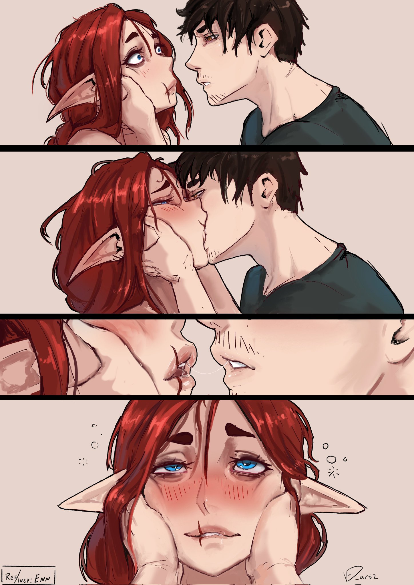 blush, bubbly, deep kiss, deep kissing, female, holding face, holding head, in love, kissing, marianne (ved art2), oc, saliva, saliva trail, shocked, shocked expression, ved art2, vedart2