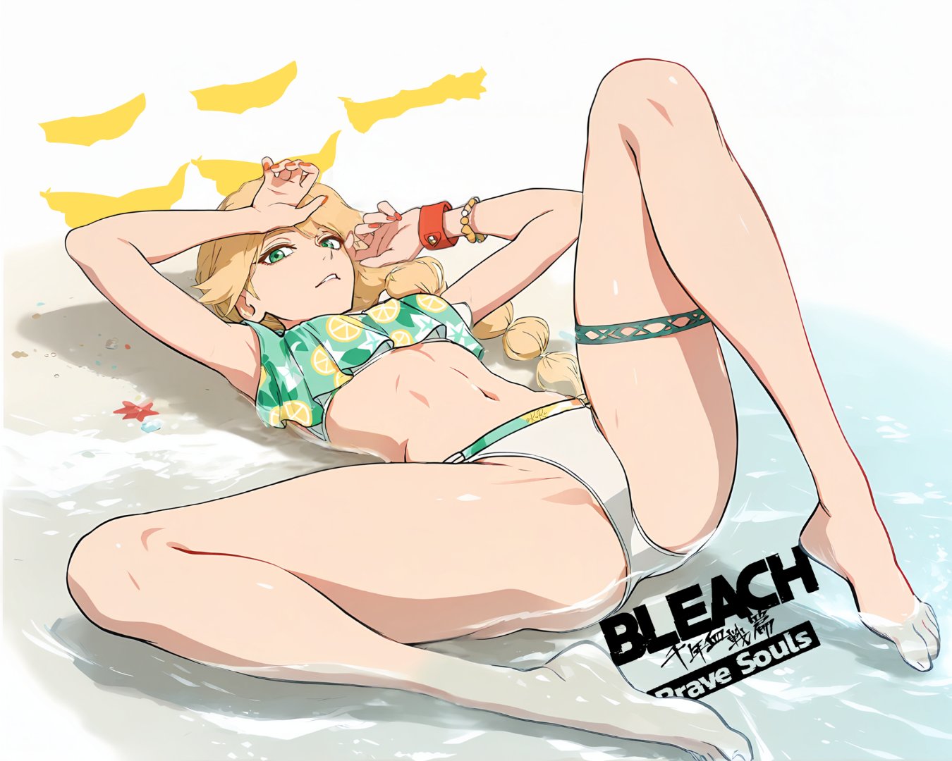 1girls, ai generated, beach, bikini, bleach, bleach brave souls, blonde hair, burn the witch, female, female only, legs spread, looking at viewer, ninny spangcole, on water, partially visible vulva, sugestive pose, swimsuit, tagme