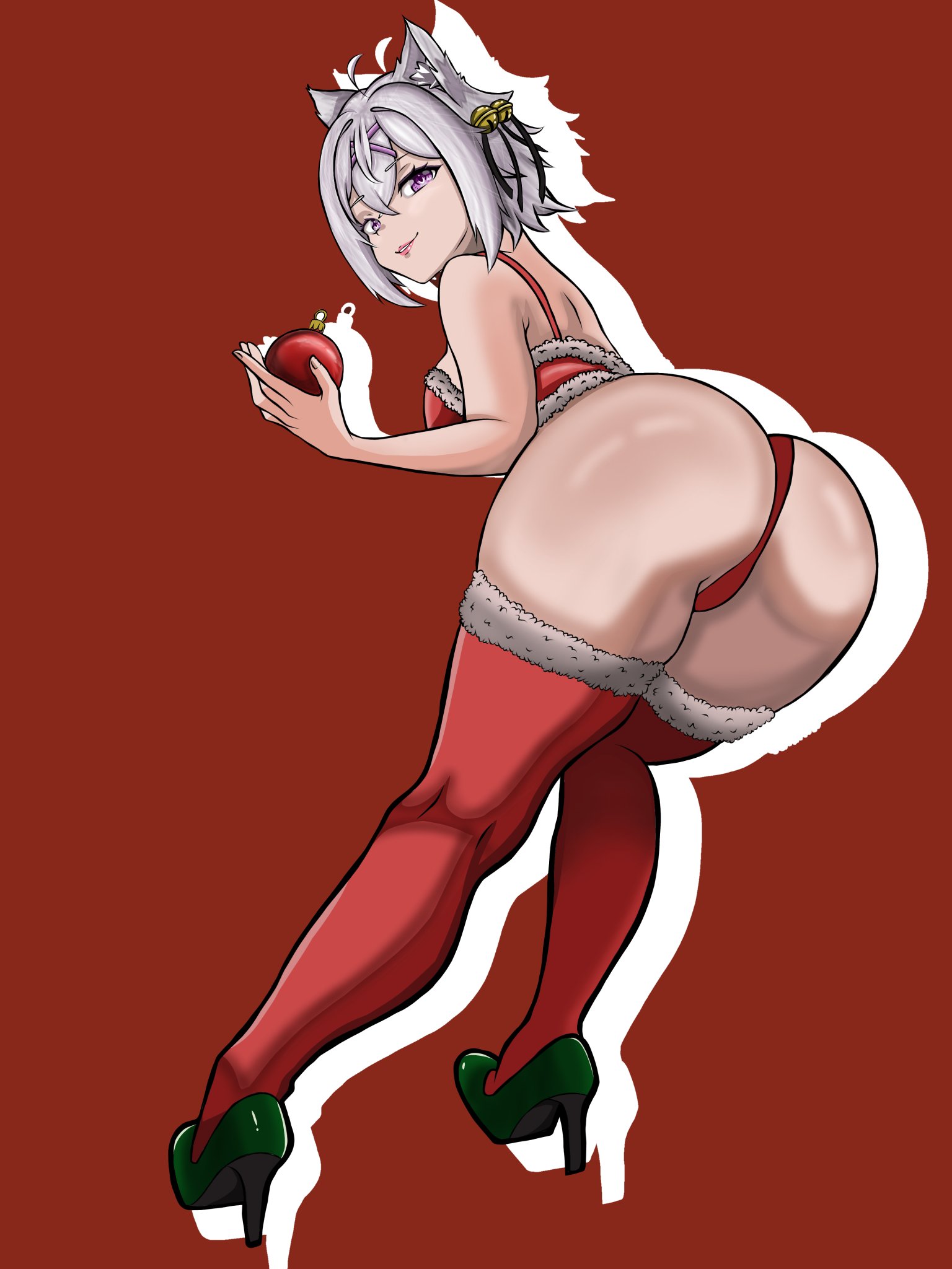ass, big ass, big ass (female), breasts, christmas, filian, filian (vtuber), heels, legs, mews garg, red background, red clothes, rindo (vrchat), socks, thighs, virtual youtuber, vrchat, vtuber, vtuberfanart, white hair, white hair female, white skin, youtuber girl
