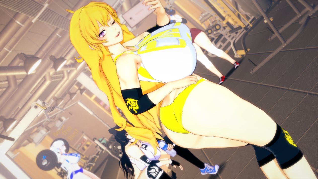 3d, 4girls, blake belladonna, clothed female, exercise, female, female only, flexing bicep, gym, gym clothes, multiple girls, pose, posing, ruby rose, rwby, solo focus, stormstriker, taking selfie, team rwby, weightlifting, weights, weiss schnee, yang xiao long