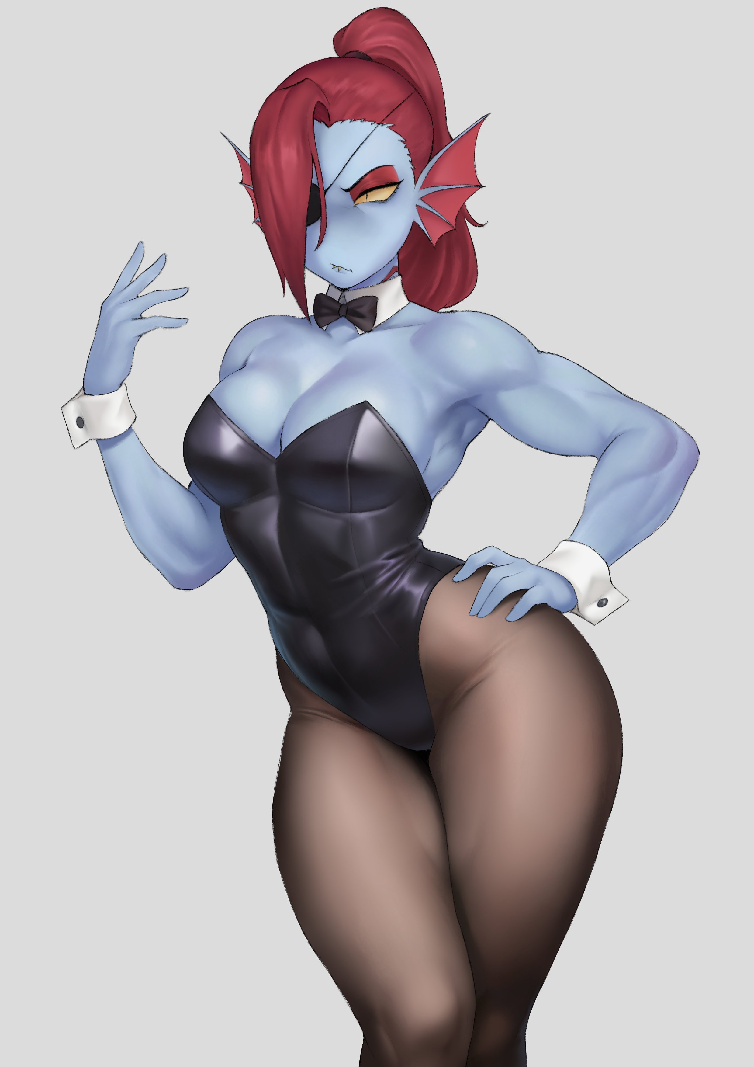 2d, 2d (artwork), 2d artwork, absurd res, black dress, blue skin, bowtie, confident expression, deltarune, detached collar, eyepatch, female, female only, fish humanoid, hair over one eye, hi res, long hair, meruzis, muscular, muscular female, playboy bunny, ponytail, red hair, sharp teeth, strapless leotard, thick thighs, undertale, undertale (series), undyne