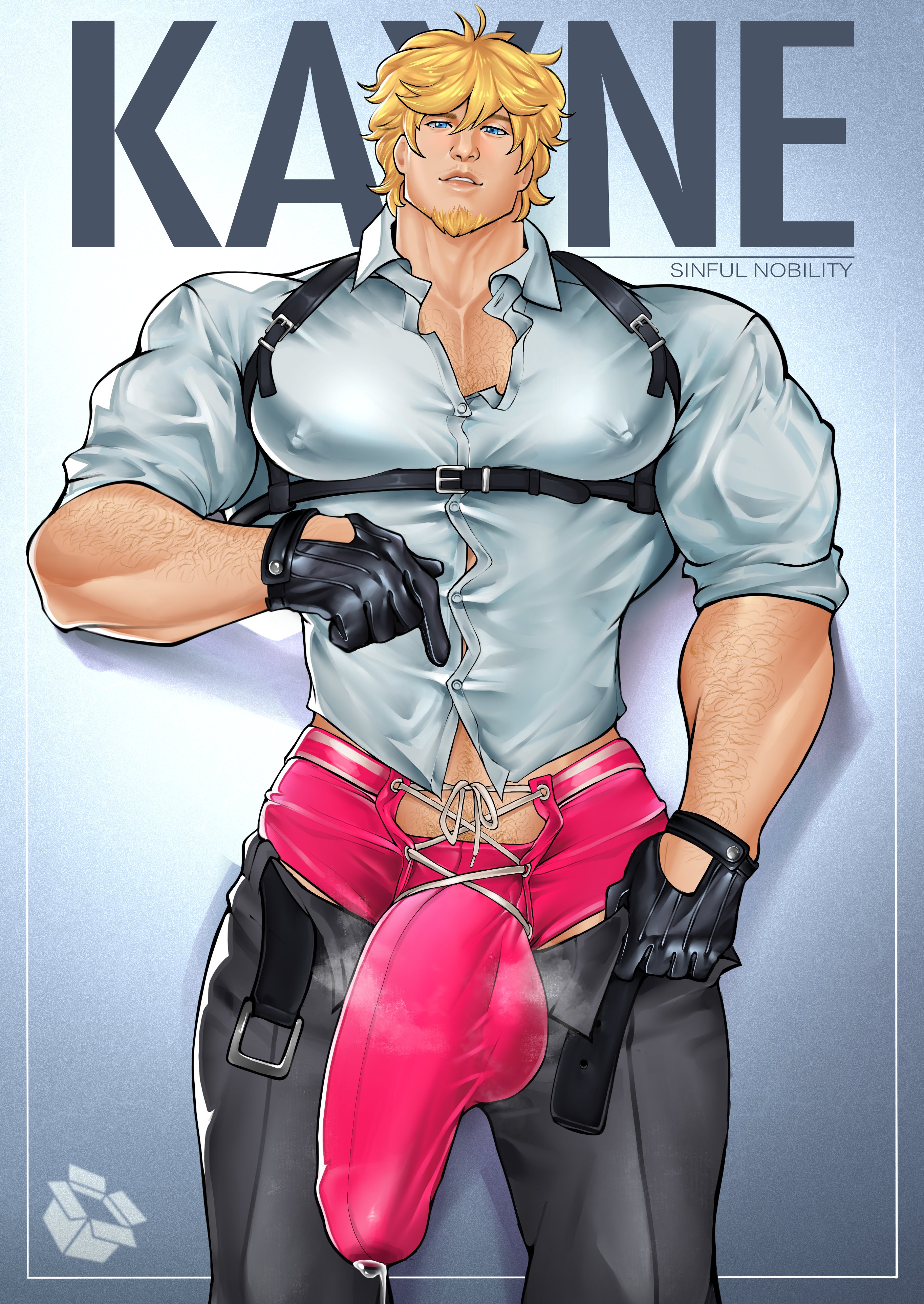 1boy, bara, big bulge, big dick, big penis, blonde, blonde hair, blonde male, bulge, cardboardbaux, collared shirt, english text, erect, erect penis, erection, gay, huge bulge, huge dick, huge penis, leaking, leaking precum, male, male focus, male only, muscular, muscular arms, muscular chest, muscular male, nipple bulge, pants, pants down, pink underwear, precum, precumming, shirt, solo, solo male, sylas (sinfulnobility), text