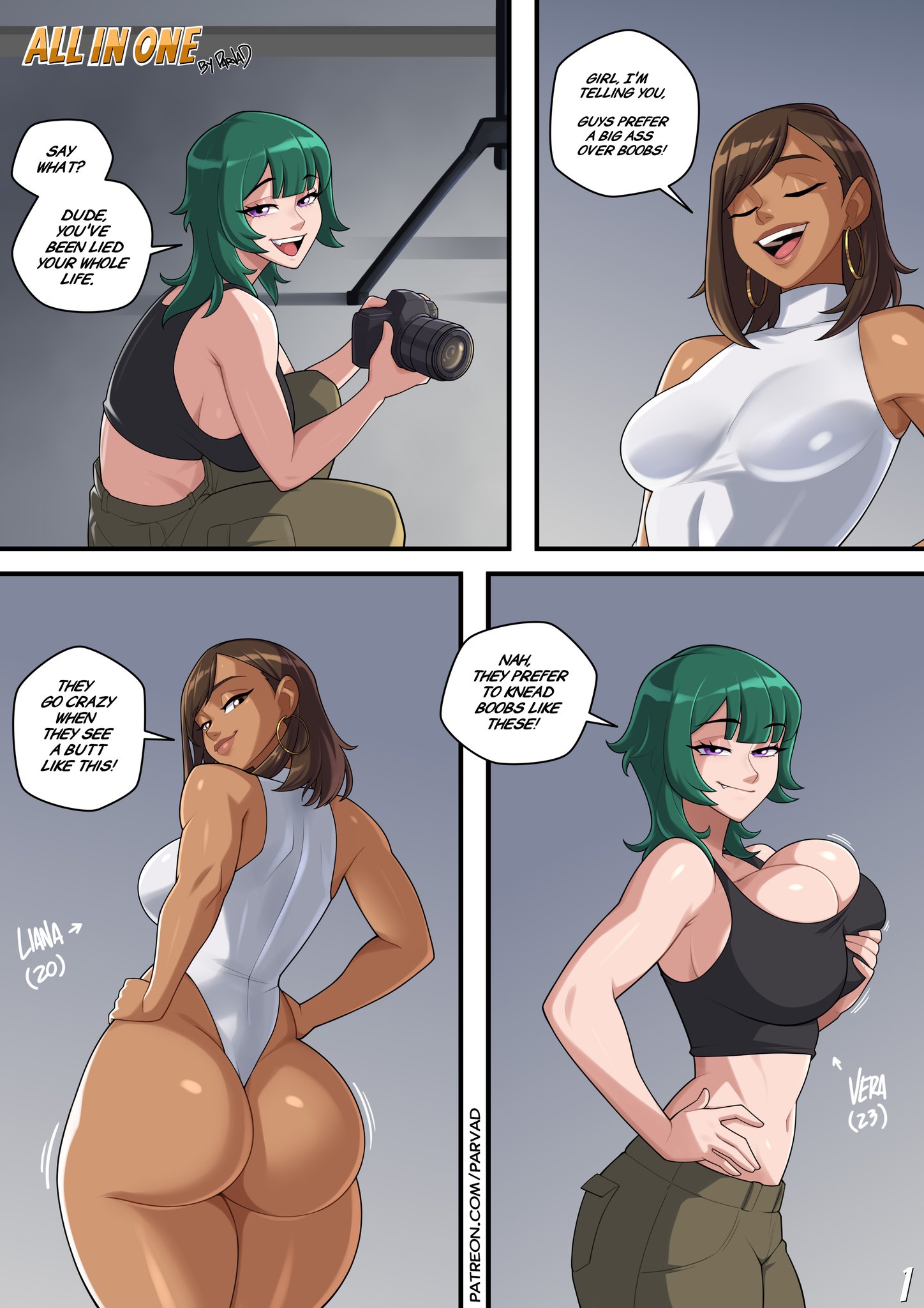 2girls, ass, ass focus, back, back view, bare arms, bare legs, bare shoulders, bare thighs, big ass, big breasts, big butt, blush, brown eyes, brown hair, clothed, clothing, color, comic, dark skin, dark-skinned male, english text, female, female focus, female only, grabbing own breast, hand on breast, hi res, huge breasts, interracial, large breasts, light skin, light-skinned female, long hair, original characters, page 1, parvad, short hair, solo female, tagme, text, thick thighs