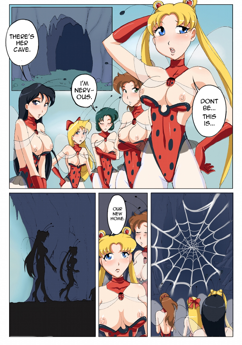 5girls ami_mizuno badmanbastich big_breasts bishoujo_senshi_sailor_moon bow breasts clothing color comic costume dialogue dialogue_bubble female female_only human insect insect_wings ladybug makoto_kino medium_breasts minako_aino multiple_girls nipples rei_hino sailor_moon spider_web usagi_tsukino