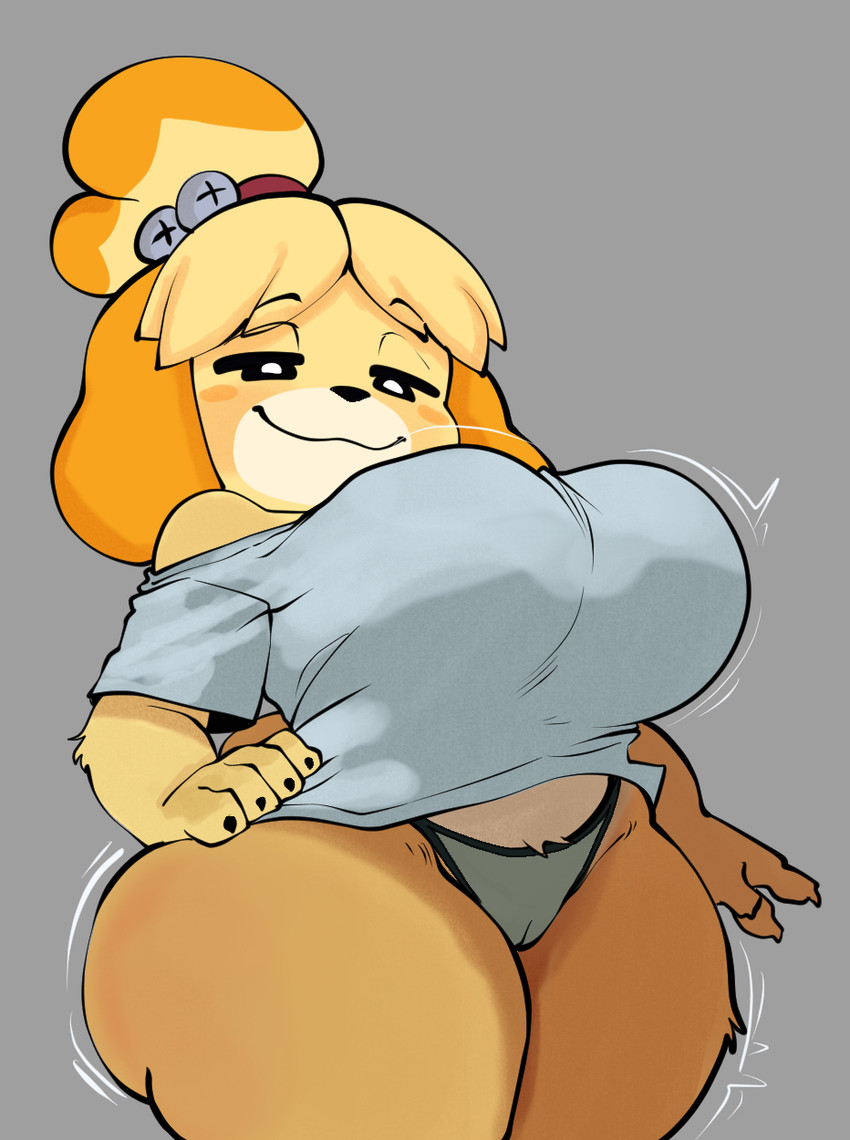 1girls, 2d, animal crossing, anthro, anthro female, apsel bluestar, big ass, big breasts, blue shirt, bottom view, camel toe, canid, canine, canis, domestic dog, female, furry, green panties, humanoid hands, isabelle (animal crossing), mammal, multicolored body, multicolored fur, nintendo, shih tzu, slim waist, small waist, smug, thick thighs, tied hair, underwear, voluptuous anthro, voluptuous female, wide hips, yellow body, yellow fur