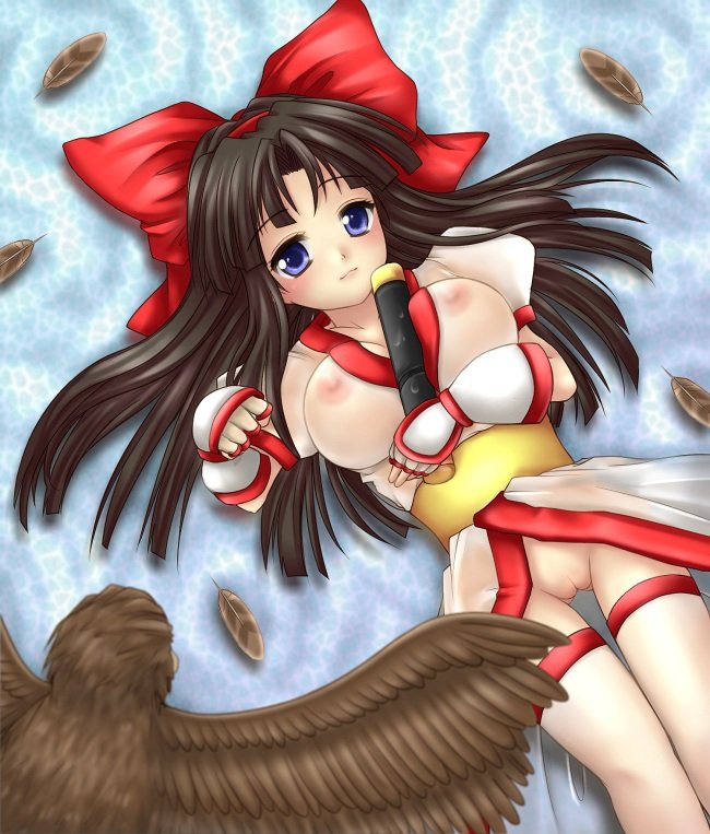 blue_eyes blush breast_hold breasts brown_hair fingerless_gloves hair_ribbon japanese_clothes long_hair mamahaha nakoruru nipples no_panties on_back pussy ribbon samurai_shodown see-through smile sword thighhighs weapon