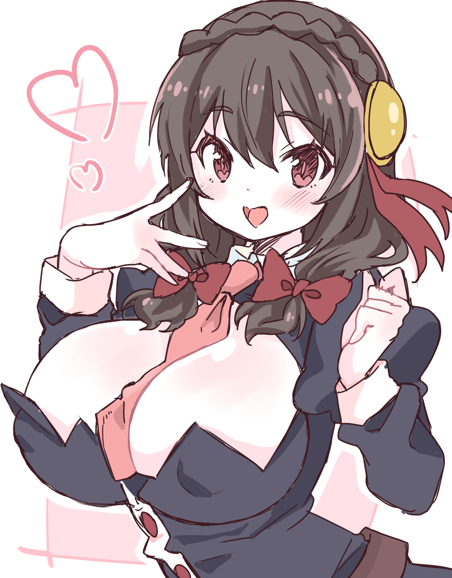 blush, cleavage, covered erect nipples, heart, heart mouth, huge breasts, kono subarashii sekai ni shukufuku wo!, meunkoyomi, necktie between breasts, nipple bulge, open mouth, upper body, yunyun (konosuba)