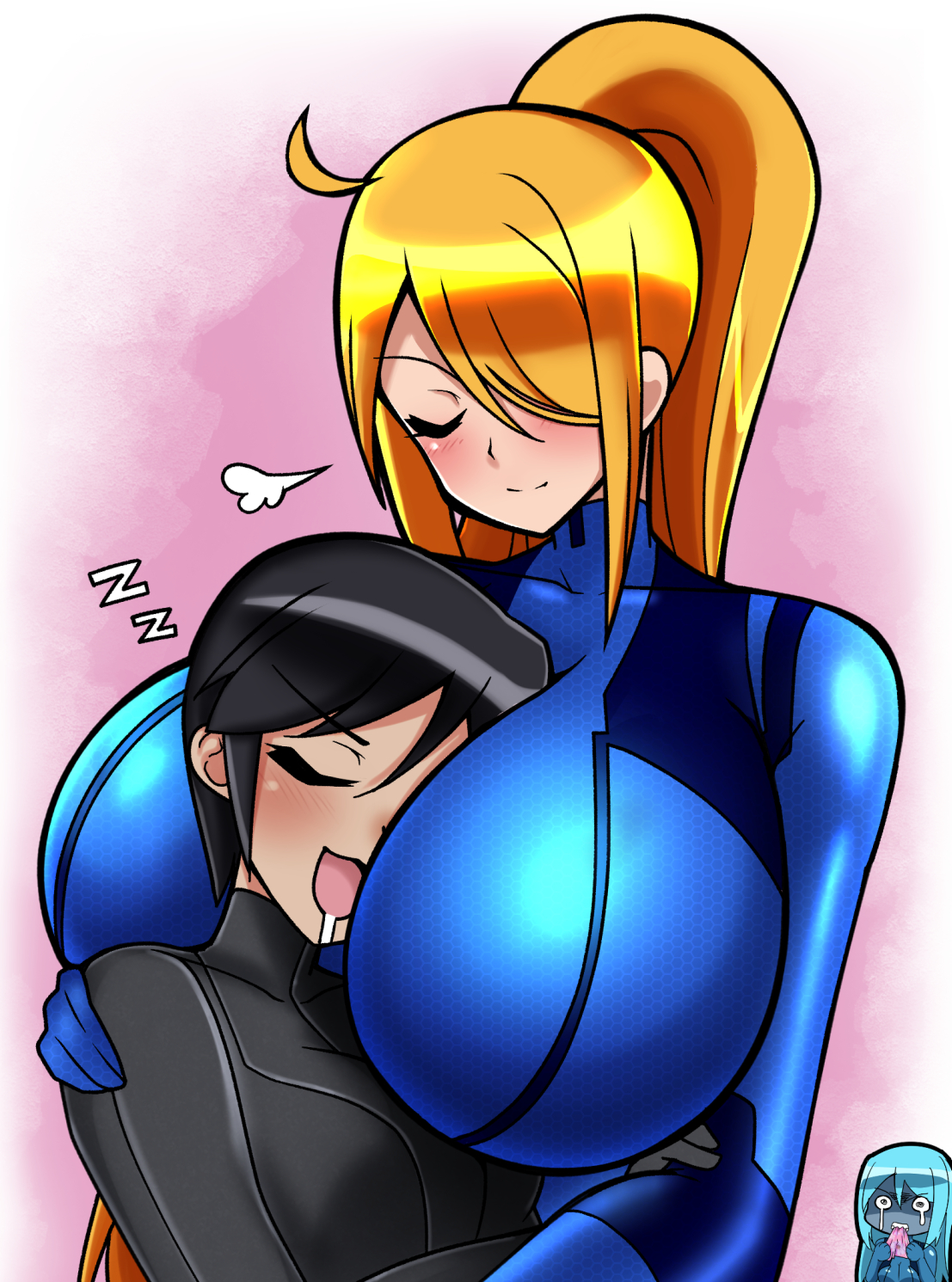 2025, 3girls, between breasts, big breasts, black hair, blonde hair, blush, breast size difference, closed eyes, clothing, dark samus, drooling, duo focus, female, female only, female/female, front view, fully clothed, hair over one eye, head between breasts, head on breasts, huge breasts, hugging, human, human only, iriomote umineko, jealous, light skin, light-skinned female, medium breasts, metroid, metroid prime 4: beyond, multiple girls, nintendo, nora armstrong, samus aran, shiny clothes, skin tight, sleeping, smile, tight clothing, wholesome, yuri, zero suit, zero suit samus