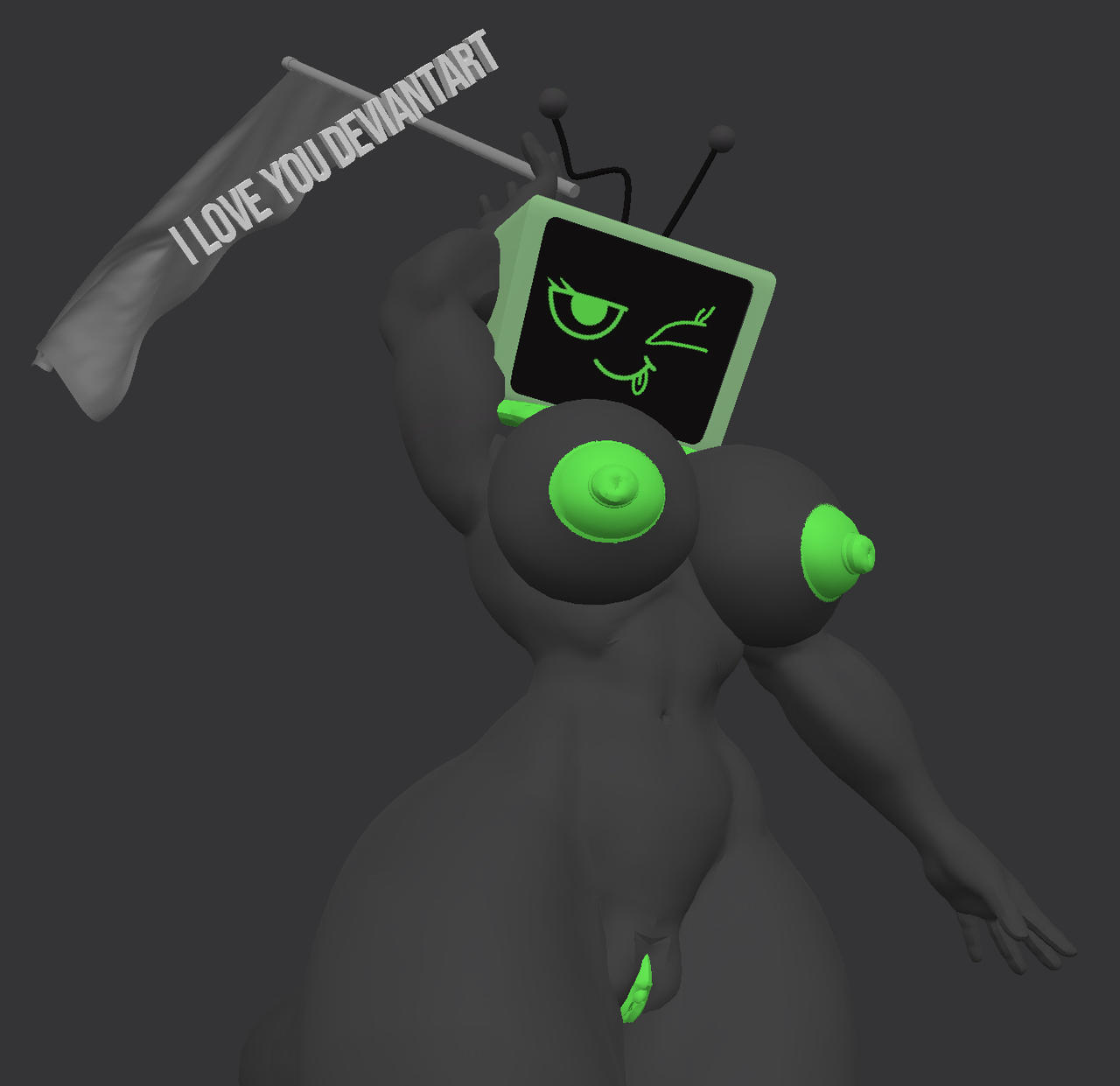 3d, 3d (artwork), anthro, anthropomorphic, breasts, dandy's world, dandys world, dandys world roblox, digital art, fanart, female, flag, holding flag, hot, looking at viewer, naked, naked female, nipples, nude, nude female, original character, prisma3d, pussy, render, roblox, robot, robot girl, rusjfijrf, sexy, sexy body, sexy girl, sticking out tongue, thicc, thick, vagina, vee (dandy's world), winking, winking at viewer
