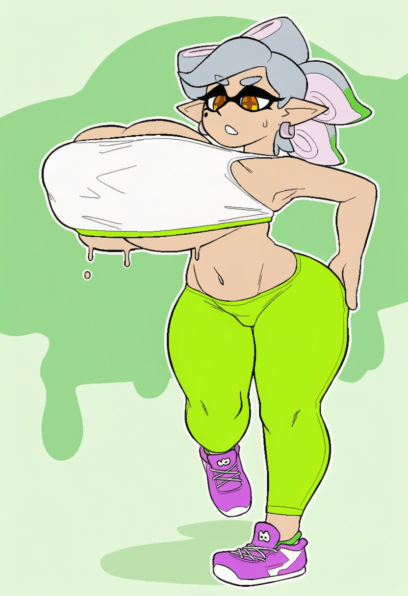 1girls, ai generated, big ass, big breasts, casual nudity, cleavage, clothed, huge breasts, hyper breasts, marie (splatoon), nipples visible through clothing, no bra, revealing clothes, splatoon, sports bra, sweat, underboob, voidedmelon, yoga pants