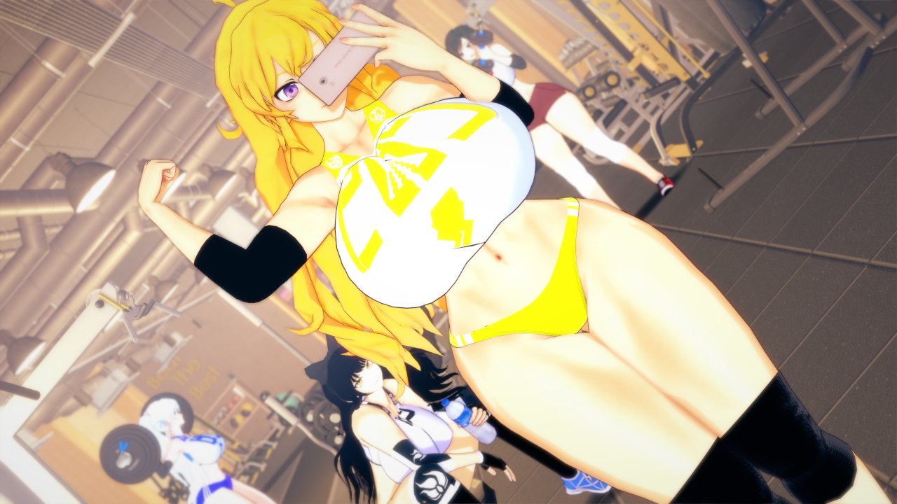 3d, 4girls, big breasts, blake belladonna, busty, cellphone, clothed female, exercise, female, female only, flexing bicep, gym, gym clothes, huge breasts, midriff, multiple girls, navel, pose, posing, ruby rose, rwby, smartphone, smile, solo focus, stormstriker, taking selfie, team rwby, toned, weightlifting, weights, weiss schnee, yang xiao long