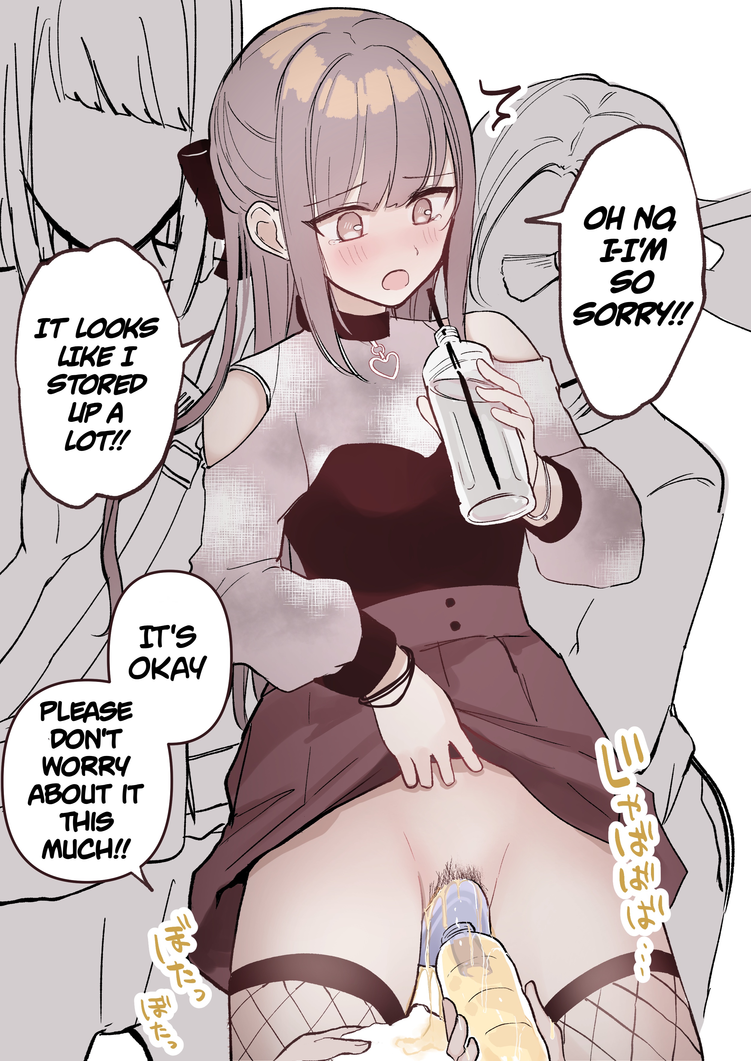 blush, bottle, bottle of urine, bow, brown eyes, brown hair, brushing, brushing hair, combing, container urination, crew, dressing, dressing room, english text, female, fishnet thighhighs, fishnets, funnel, hairbow, idol, long hair, makeup, multiple females, multiple girls, no panties, noa cell, original, overflow, overflowing, overflowing pee, overflowing urine, peeing, peeing in bottle, peeing in funnel, pubic hair, skirt, skirt lift, skirt lifted by self, tears, thighhighs