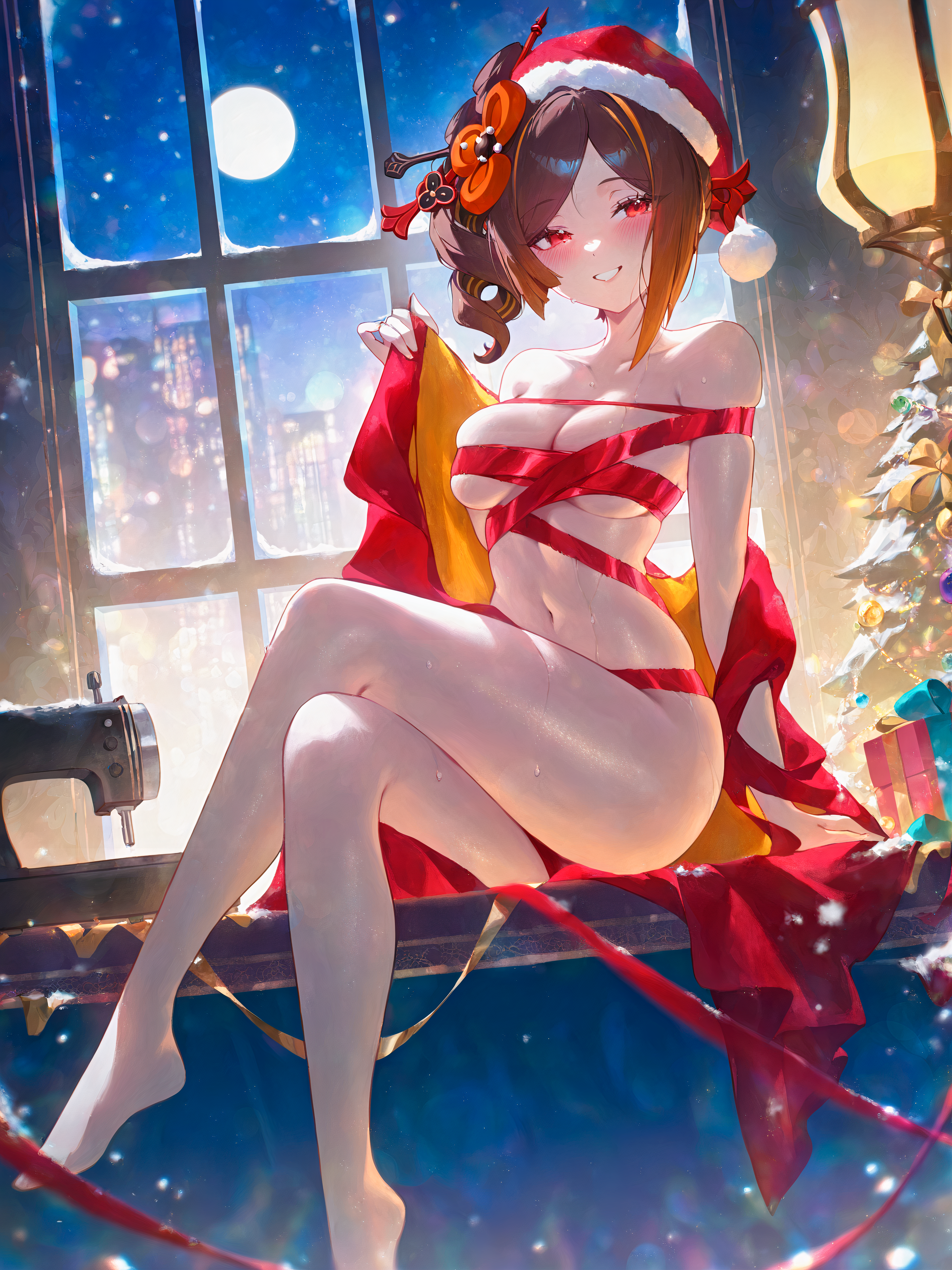 ai generated, arm support, backlighting, bare legs, bare shoulders, barefoot, black hair, blue eyes, blue flower, blue hair, blue headwear, blue nails, blue ribbon, blue skin, blurry, blush, bokeh, bow, box, breasts, brown hair, building, chiori (genshin impact), christmas, christmas lights, christmas ornaments, christmas present, christmas tree, cityscape, cleavage, collarbone, colored inner hair, colored skin, crossed legs, drill hair, dutch angle, feet, feet out of frame, female, fingernails, flower, foot out of frame, full body, full moon, fur trim, fur-trimmed headwear, genshin impact, gift, gift box, gradient hair, grey skin, grin, hair flower, hair ornament, hair ribbon, hand up, hat, head tilt, holding, holding ribbon, indoors, lamp, large breasts, legs, lens flare, light particles, long hair, long legs, looking at viewer, medium breasts, medium hair, ministro, moon, multicolored hair, nail polish, naked ribbon, navel, night, night sky, nude, off shoulder, pale skin, parted bangs, parted lips, pom pom (clothes), purple eyes, purple hair, purple headwear, purple nails, purple ribbon, red headwear, ribbon, santa costume, santa hat, seductive smile, self upload, shawl, shiny skin, short hair, side ponytail, sidelocks, sitting, skindentation, sky, smile, snow, snowing, solo, stomach, streaked hair, sweat, swept bangs, teeth, thighs, toenails, toes, tree, two-tone hair, underboob, virtual youtuber, wet, white skin, window