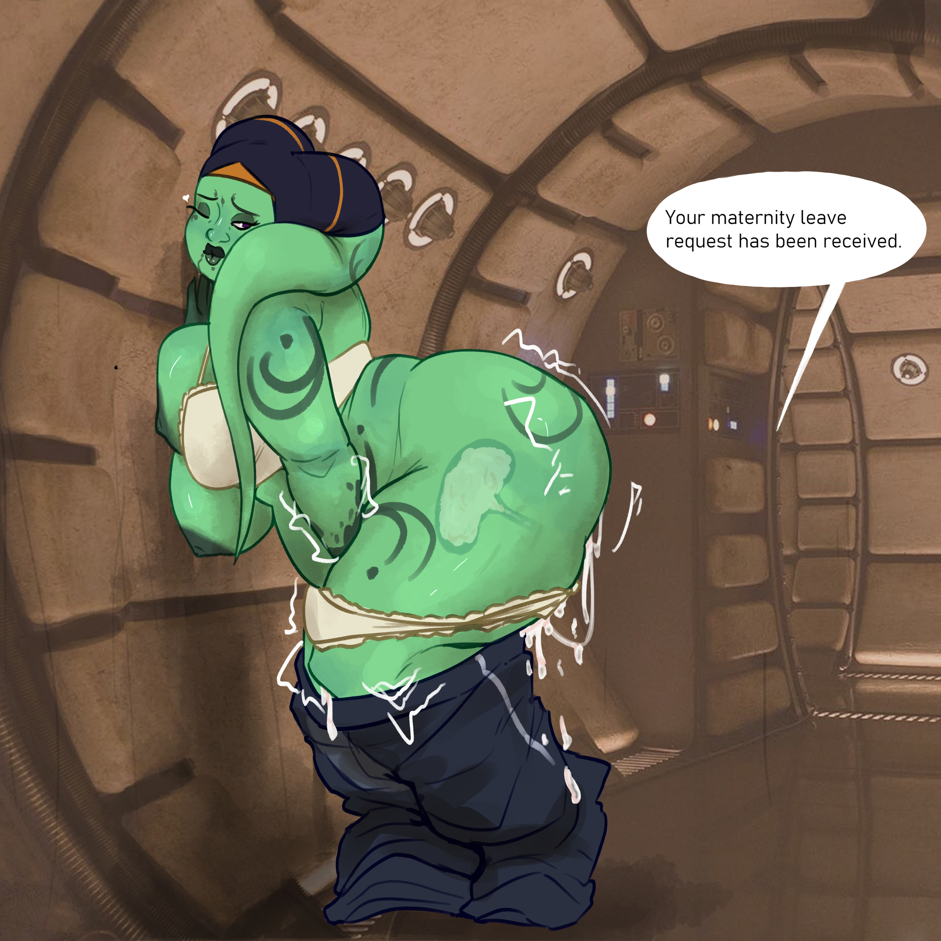 alien, alien girl, areola, big areola, big breasts, breasts out, chubby female, cum filled, cum in pussy, filled womb, green body, green skin, huge breasts, impregnation, inside view, kassidy (philasarts), leaking cum, masturbating, overweight female, panties down, pants down, partially clothed, philasarts, speech bubble, standing, star wars, stomach, trembling, twi'lek, womb