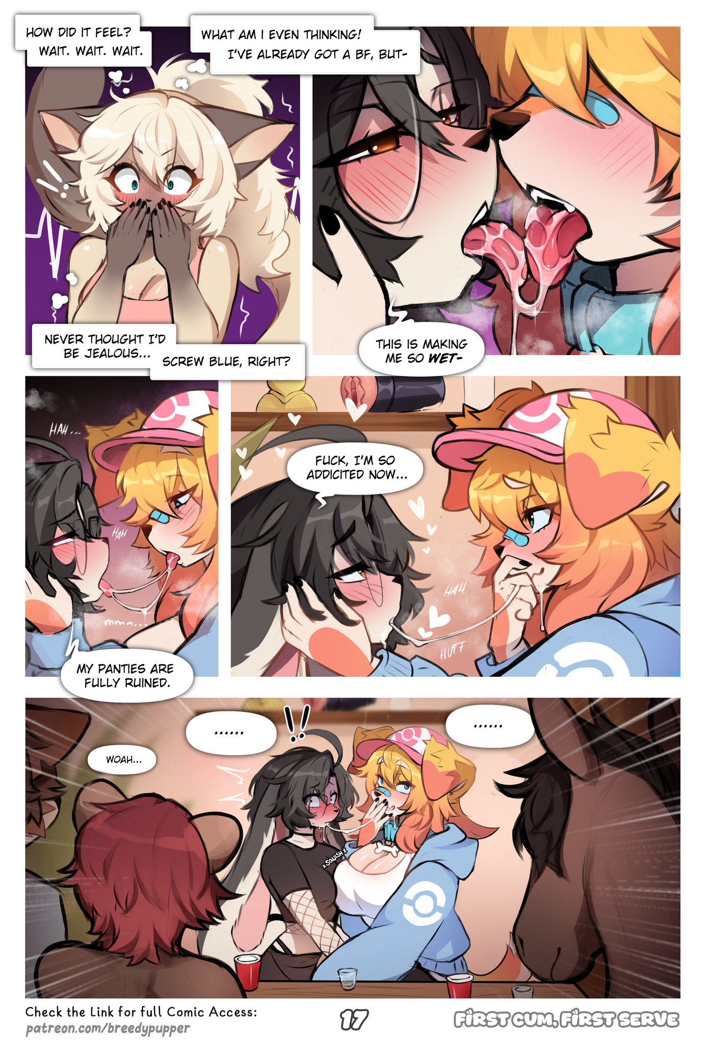 absurd res, anthro, bandage, bandage on face, becca (breedypupper), big breasts, big ears, black hair, blue (breedypupper), blue eyes, blush, blushing profusely, bodily fluids, breasts, breedypupper, brown eyes, canid, canine, canis, clothing, comic, conditional dnp, dialogue, domestic dog, drax (breedypupper), english text, equid, equine, exclamation point, eyewear, felid, feline, female, female/female, fishnet clothing, french kissing, glasses, hair, hands over mouth, hat, headgear, headwear, heart symbol, hi res, hoodie, jennie (breedypupper), kissing, lagomorph, leporid, licking, licking tongue, magnus (breedypupper), making out, male, male/female, mammal, nintendo, orange hair, pokemon, profanity, rabbit, school, short tail, signature, speech bubble, stacy (breedypupper), steam, tail, text, tongue, tongue out, topwear, url, voyeur, white hair