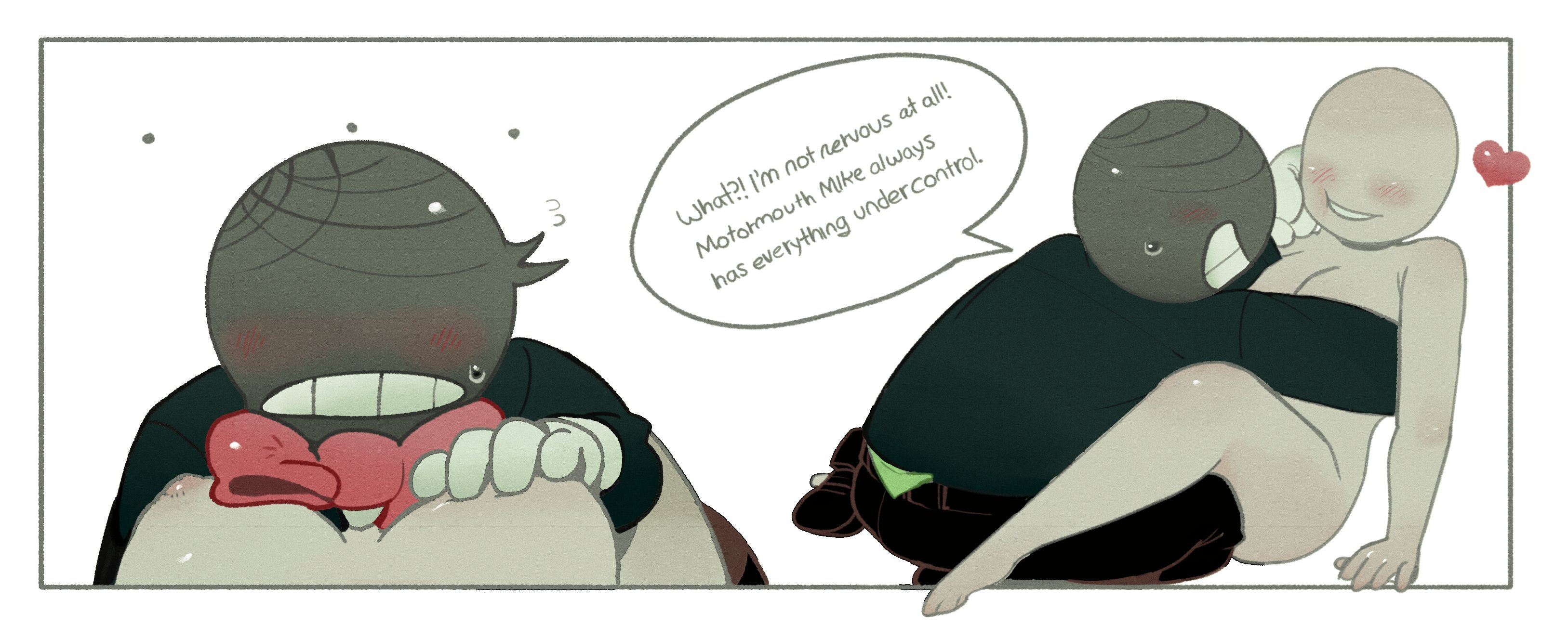 1male, anon, anonymous female, battat (deltarune), clothed, clothed male, clothed male nude female, deltarune, dialogue, female, grabbing breasts, male focus, male/female, mike (deltarune), nervous, nervous male, small mike (deltarune), tagme, text, white background