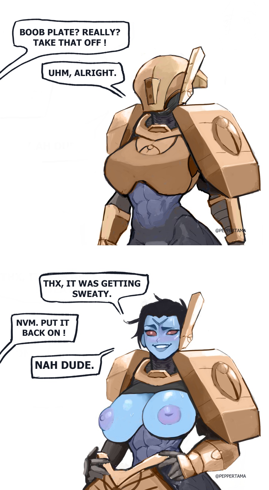 1girls, 2d, airing out, alien, armor, blue skin, bodysuit, boob armor, breast armor, breastplate, breastplate removed, breasts, comic page, comic panel, dialogue, english text, female, female only, fire warrior, funny, helmet, meme, nipples, page 1, peppertama, red eyes, solo, solo female, spacesuit, speech bubble, tau, text, text box, text bubble, warhammer (franchise), warhammer 40k