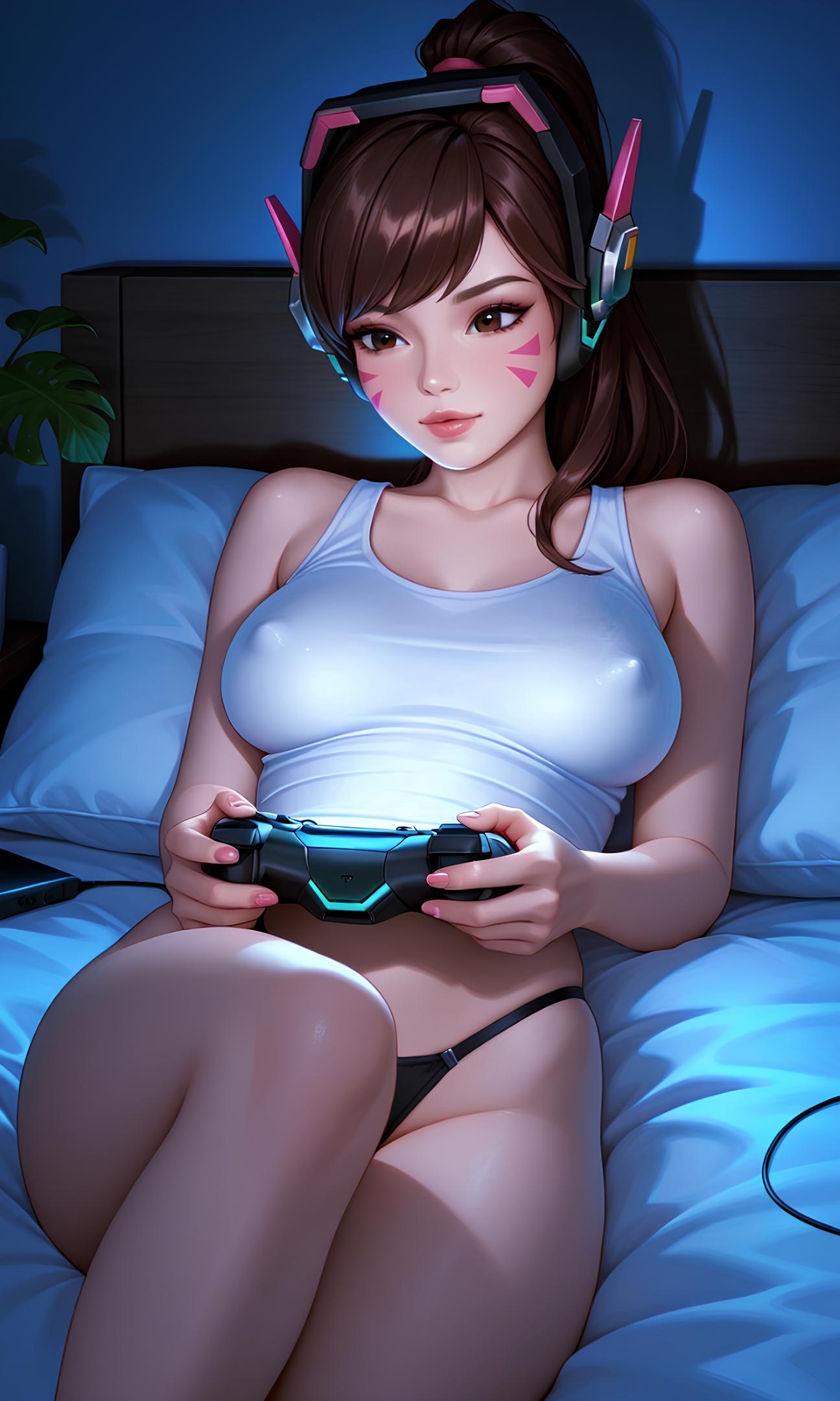 1girls, 3:5, ai generated, artist request, big ass, big breasts, black panties, black thong, blizzard entertainment, brown eyes, brown hair, cleavage, collarbone, d.va, dark room, facial markings, feet out of frame, female, female only, game controller, headgear, hi res, highres, indoors, joystick, large breasts, night, nipple bulge, nipples, on bed, overwatch, overwatch 2, panties, pillow, playing videogame, ponytail, solo, source request, tank top, thong, white tank top