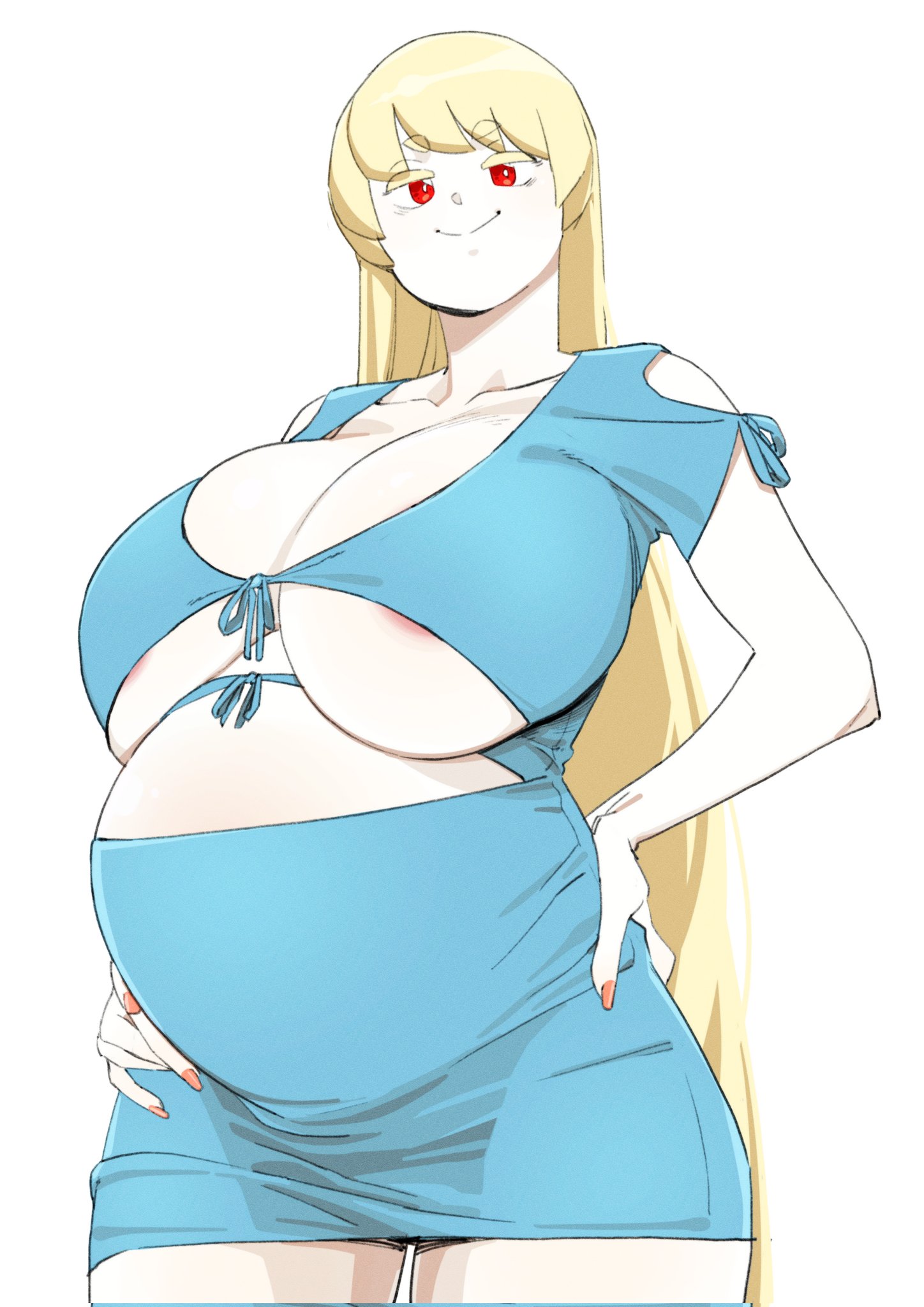areola slip, big breasts, blonde hair, cleavage, dea (kyattorosu), dress, female, female only, gigantic breasts, huge breasts, kyattorosu, long hair, looking at viewer, maternity clothes, minidress, no bra, original, pale skin, pale-skinned female, pointy ears, pregnant, red eyes, smile, solo, underboob, vampire, vampire girl, wide hips