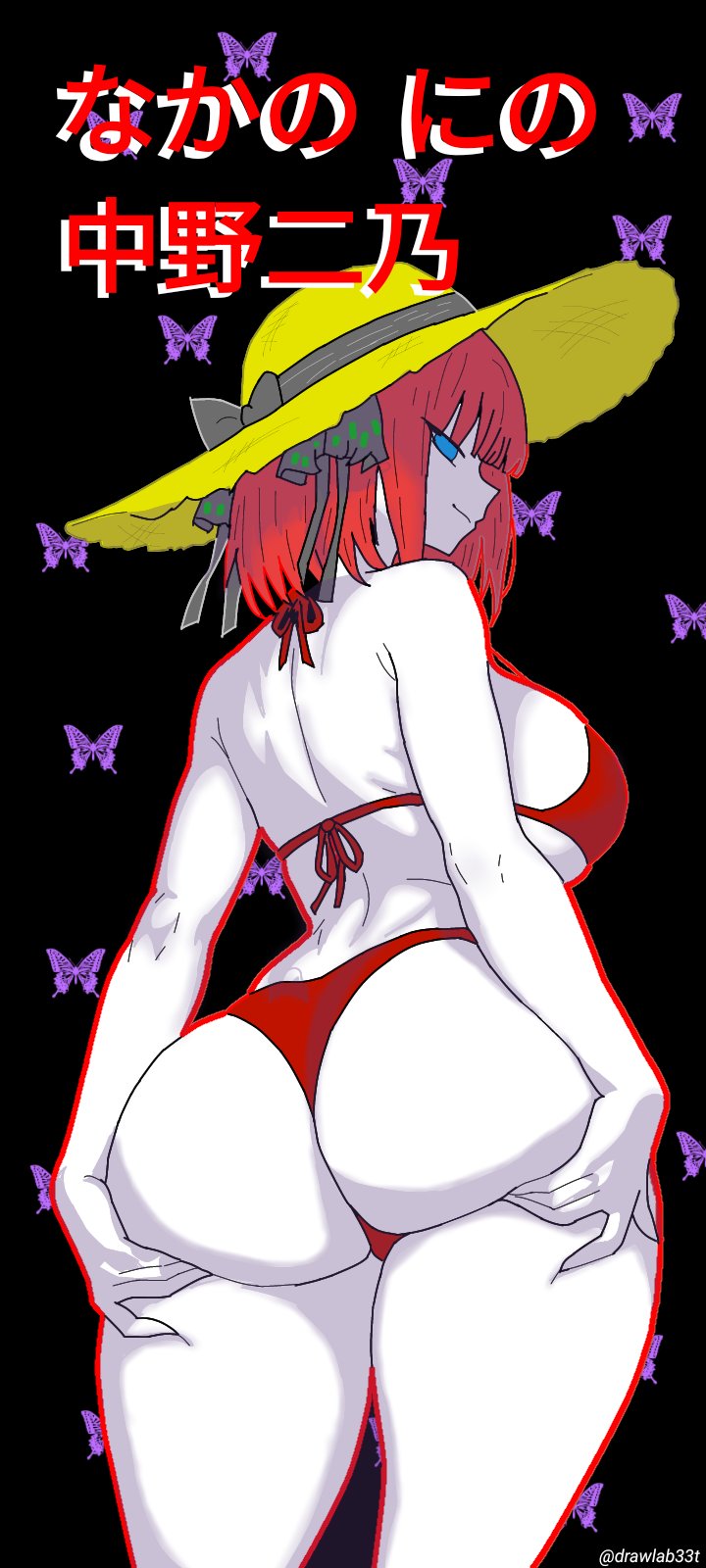 1girls, artist name, ass, ass lift, bikini, blue eyes, breasts, drawlab33t, female, go-toubun no hanayome, hat, large ass, large breasts, lifting, looking back, nakano nino, short hair, straw hat, translation request