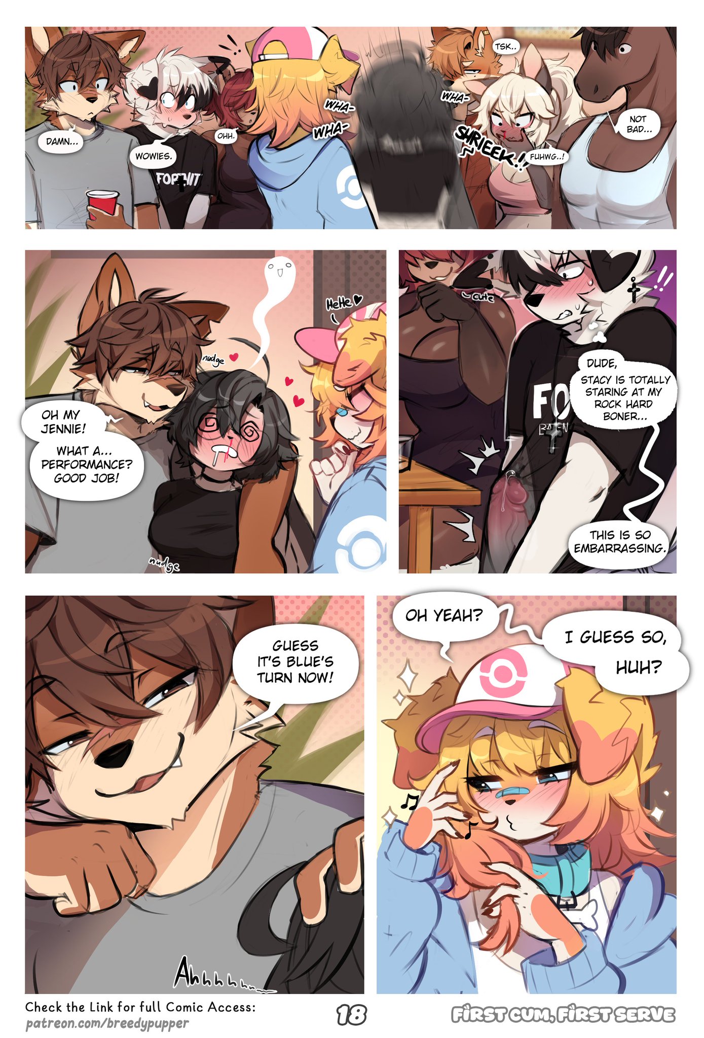 absurd res, after kiss, anthro, becca (breedypupper), blue (breedypupper), blush, bodily fluids, breedypupper, brown body, brown fur, canid, clothing, comic, covering, covering crotch, covering erection, covering penis, dialogue, dizzy, drax (breedypupper), drooling, embarrassed, english text, equid, equine, erection, female, fur, genitals, grey body, grey fur, hat, headgear, headwear, heart symbol, hi res, horse, jackie (breedypupper), jennie (breedypupper), magnus (breedypupper), male, male/female, mammal, nintendo, penis, pokemon, saliva, school, stacy (breedypupper), text, tyler (breedypupper), url, white body, white fur, yellow body, yellow fur