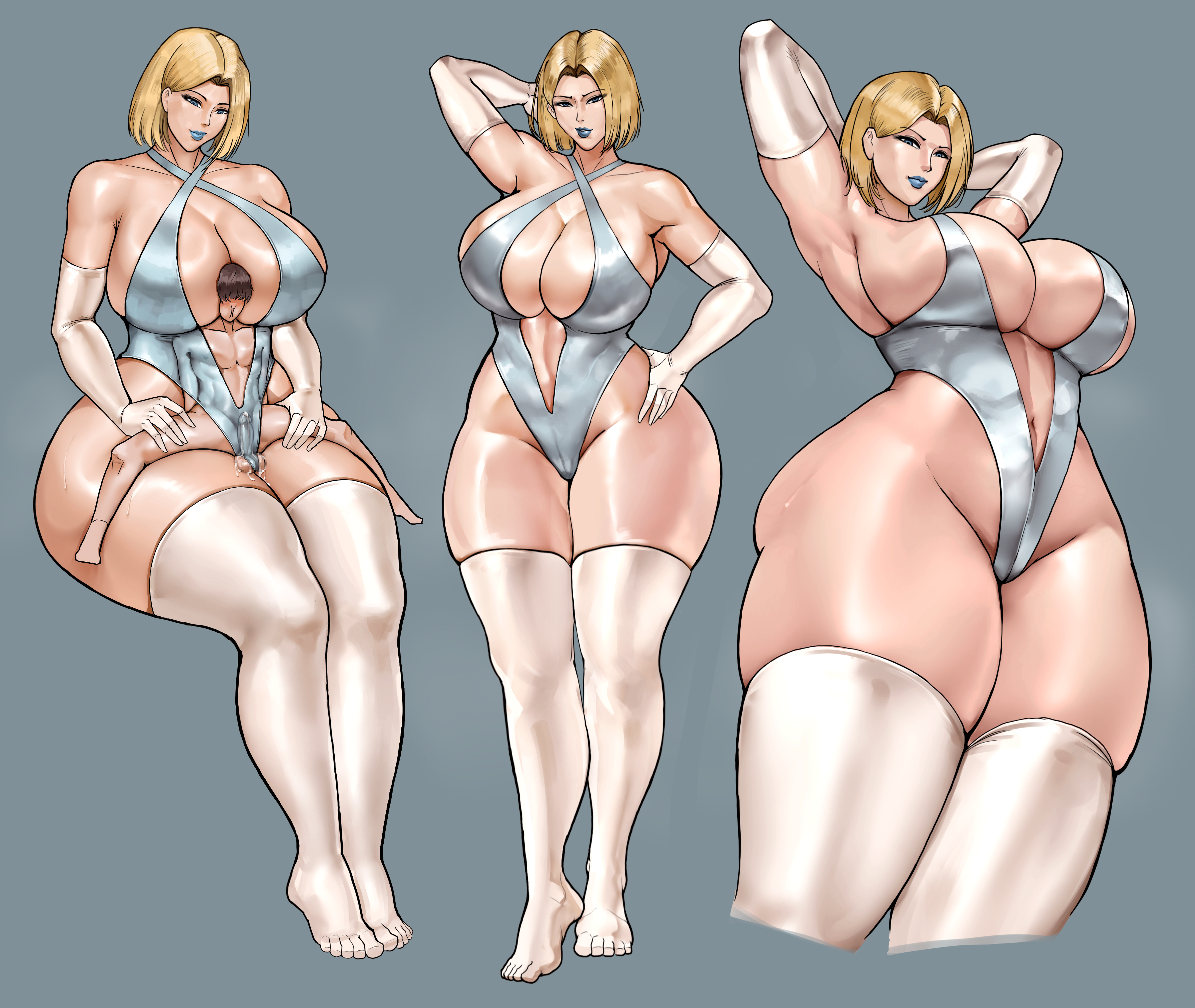 2d, blonde female, blonde hair, blue eyes, blue lipstick, breasts, dominant female, emma frost, emma frost (marvel rivals), giantess, gigantic breasts, large breasts, marvel, marvel rivals, milf, panda-k, pandak (artist), penis, submissive male, taller female, thick thighs, x-men
