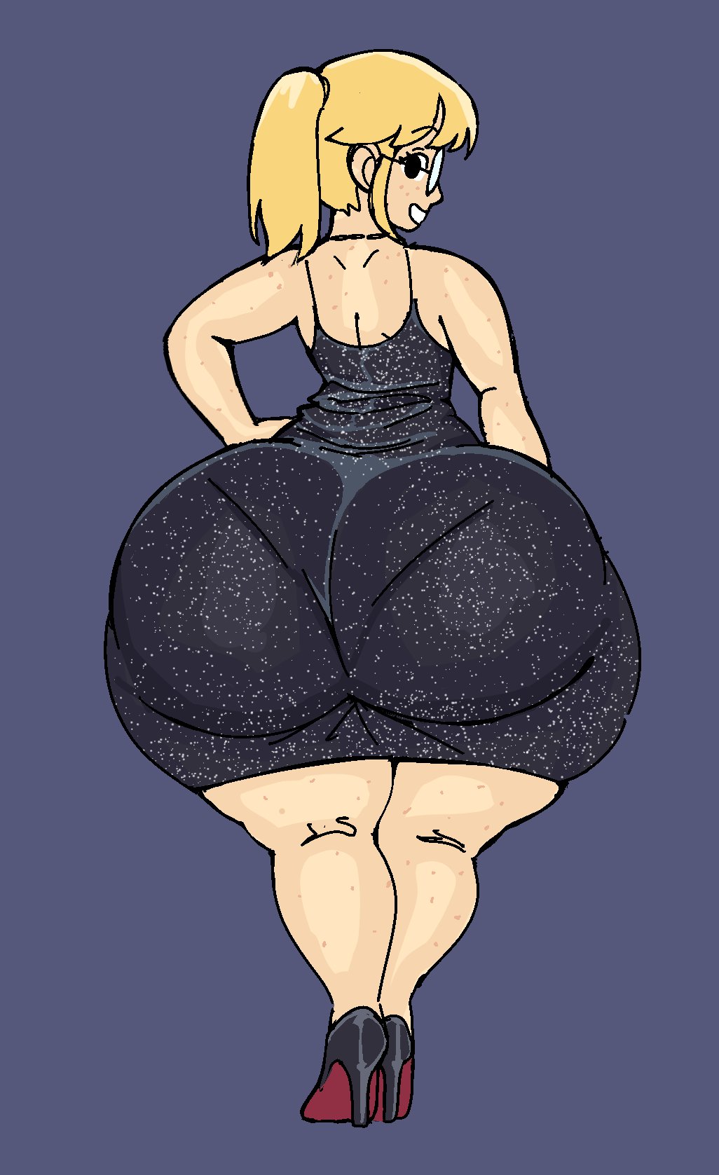 1girls, ass, ass body, ass in dress, big ass, blonde hair, bottom heavy, breasts, bubble butt, clothing, dotodonoto, dress, fat ass, female, female only, freckles, glasses, gluteal fold, hand on hip, heels, huge ass, jennifer (dotodonoto), large ass, looking at viewer, looking back, massive ass, original, pantylines, shoes, small clothes, solo, thick ass, thick thighs, thunder thighs, underwear outline, wide hips