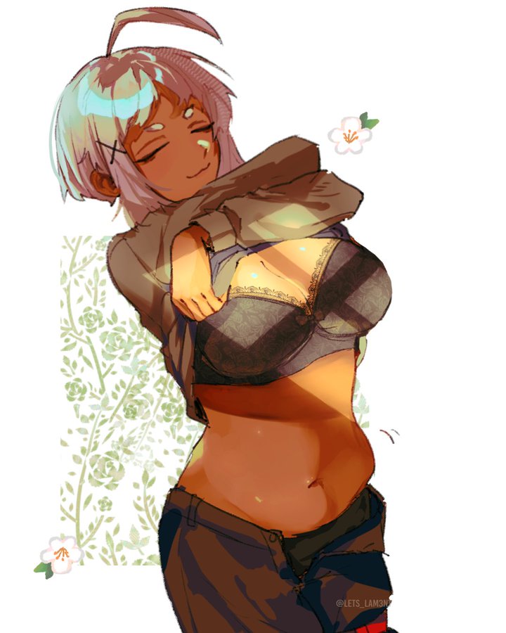 :3, 1girls, aya (limbus company), belly, belly bulge, belly button, big breasts, bra, breasts, eyes closed, female, female focus, female only, female torso, flower, lets lam3nt, lifting shirt, limbus company, project moon, shirt, shirt lift, shirt up, solo, solo female, solo focus, tagme, thick, tummy, tummy bulge, unbuttoned pants, undressing, white hair