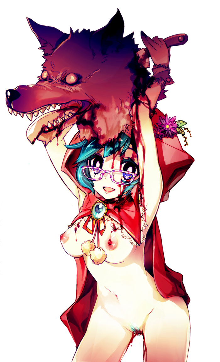 big_bad_wolf big_bad_wolf_(grimm) blood blue_eyes blue_hair breasts glasses gore grimm's_fairy_tales guro large_breasts little_red_riding_hood little_red_riding_hood_(character) little_red_riding_hood_(grimm) naked_cape nipples pubic_hair severed_head