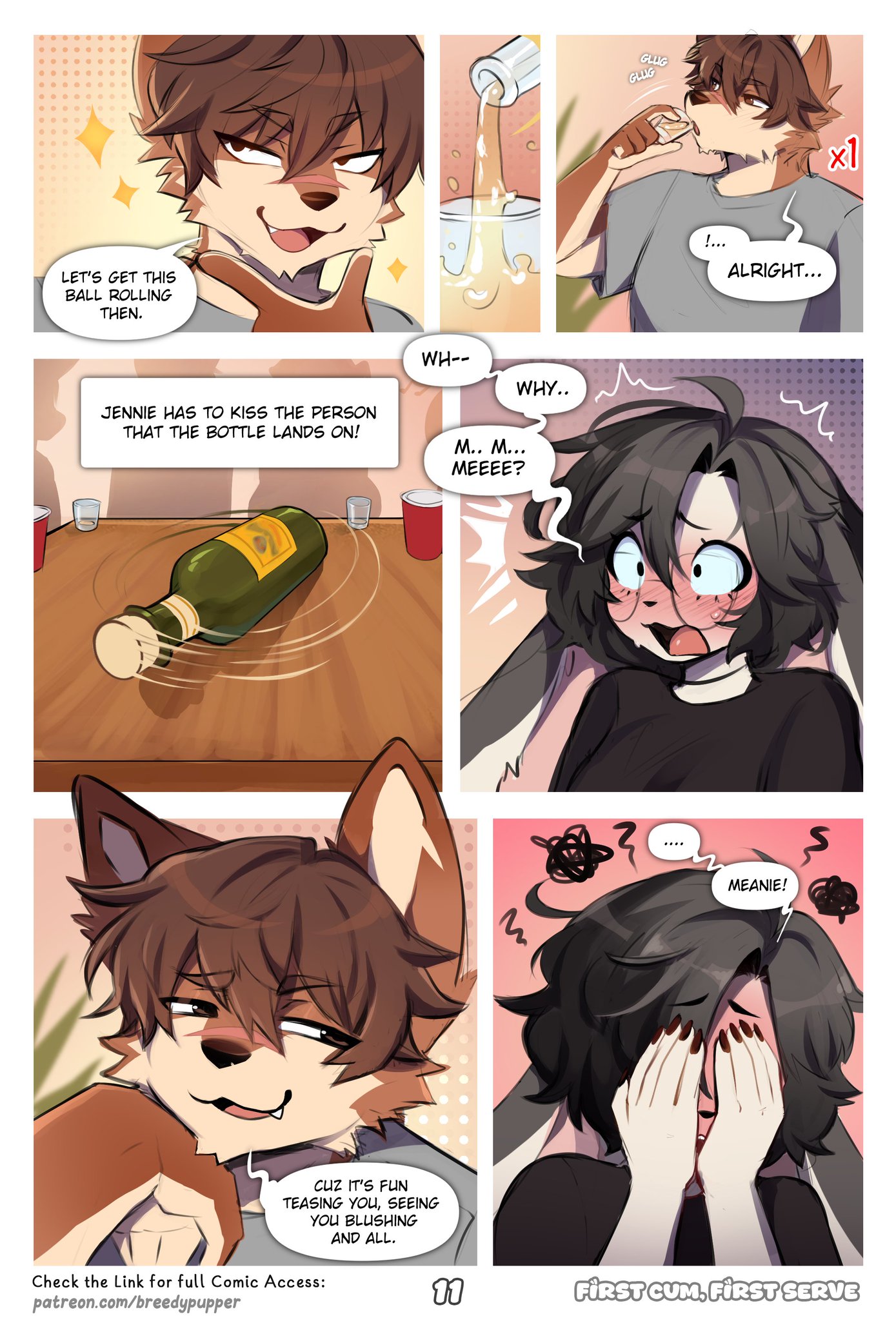 7koma, absurd res, anthro, breedypupper, canid, canine, canis, clothing, comic, conditional dnp, dialogue, domestic dog, drax (breedypupper), english text, female, hi res, jennie (breedypupper), male, male/female, mammal, nintendo, pokemon, spin the bottle, text, url
