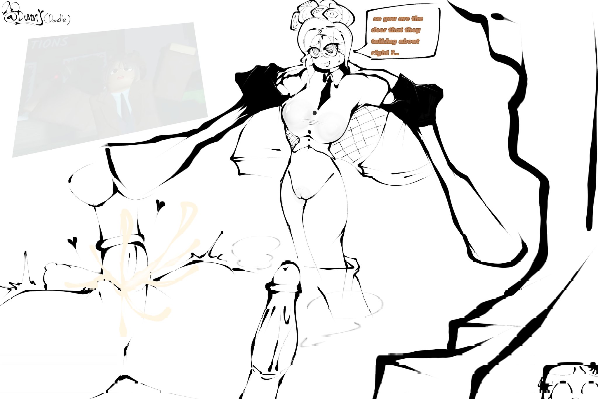 1boy, 1boy1girl, 1girls, 2025, 99 nights in the forest, animal genitalia, anus, artist signature, ass, big penis, black and white, breasts, clothing, coat, cum, cum in pussy, cum inside, cum splatter, deer (99 nights in the forest), dialogue, disembodied arms, disembodied penis, doodle, dunnythebunny, english text, eyebrows, female, female penetrated, grabbing arms, hair bun, heart, host (roblox), interspecies, long penis, male, male penetrating, male penetrating female, male/female, medium breasts, motion lines, nervous smile, nervous sweat, news lady (roblox), now playing on roblox, nude, open coat, open mouth, pants down, penis, pussy, questionable consent, reference image, removing clothing, roblox, roblox game, robloxian, shirt, speech bubble, standing, steamy penis, straight, sweat, text, thighs, tie, undressing, vaginal penetration