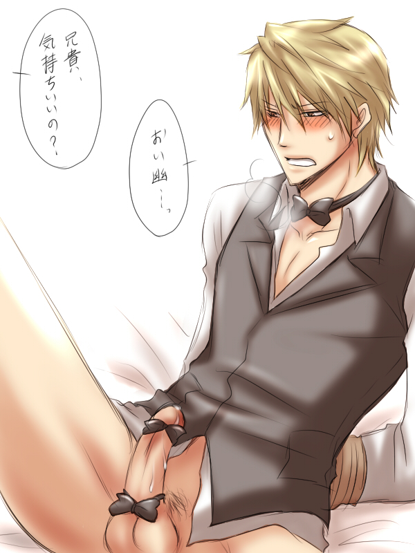 1boy arms_behind_back blonde_hair blush bondage bottomless bound_wrists bow durarara!! erection heiwajima_shizuo incest male male_only necktie penis penis_bow penis_ribbon precum sitting solo sweat tied_penis uncensored vest