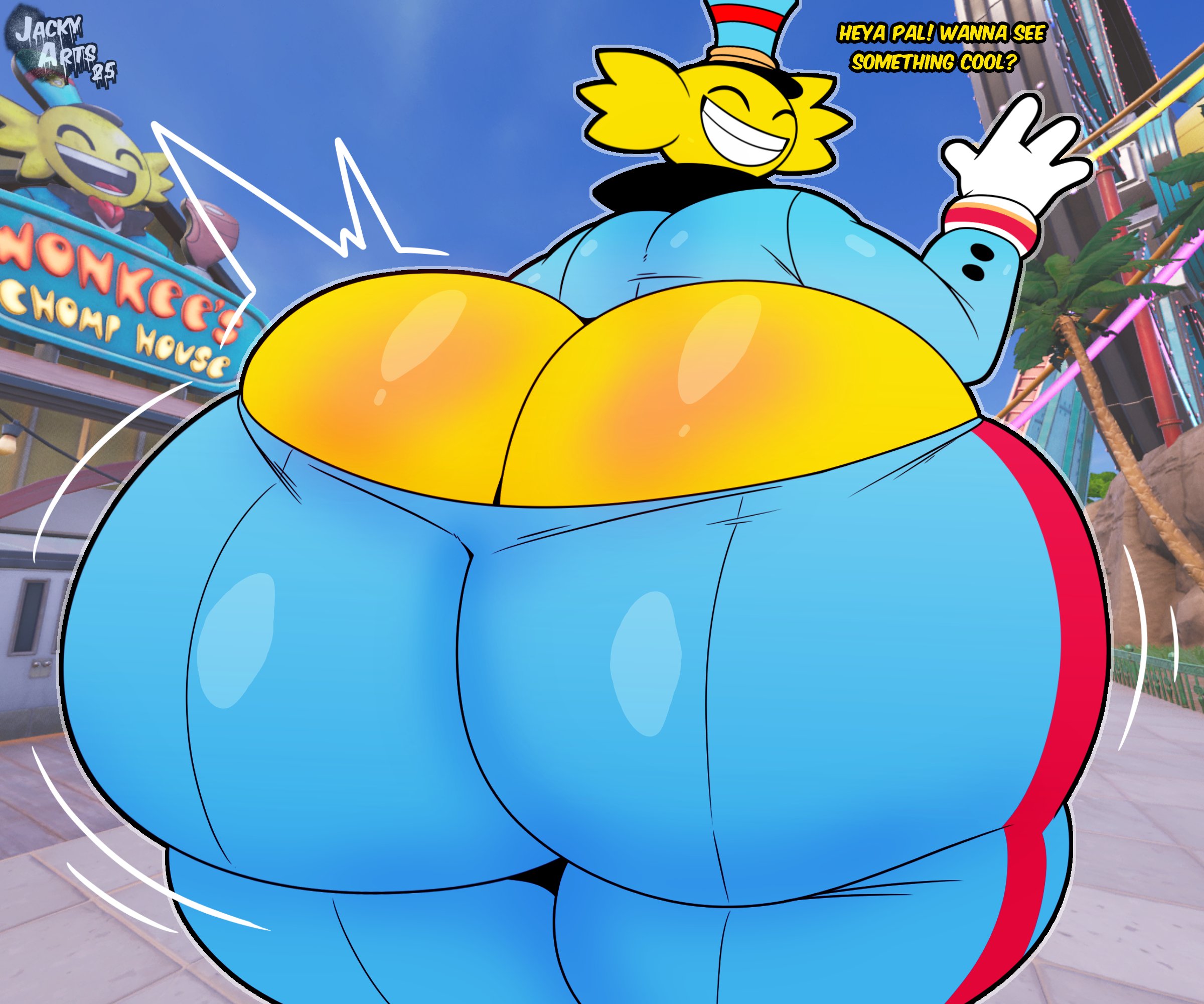1boy, 2d, ass, ass bigger than head, bare ass, big ass, chubby, clothing, english text, fat ass, fat thighs, fortnite, fortnite: battle royale, gay, huge ass, huge thighs, hyper ass, jacky arts, looking at viewer, looking back at viewer, male, male only, no genitals, no sex, skin tight clothes, smiling, smiling at viewer, solo, solo male, standing, tagme, talking to viewer, text, thick thighs, thighs, wonkee (fortnite), yellow body