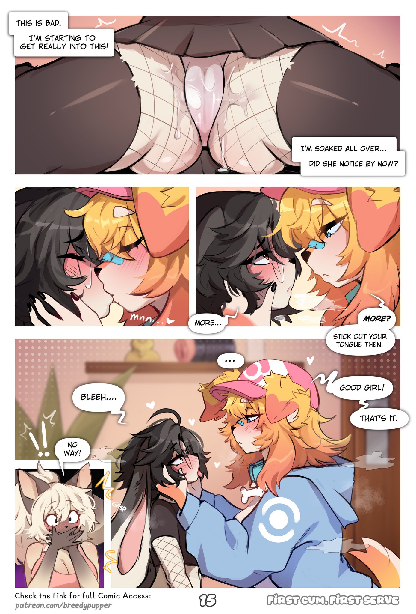 5koma, absurd res, anthro, bandage, bandage on face, becca (breedypupper), big breasts, big ears, black hair, black thighhighs, blep, blue (breedypupper), blue eyes, blush, blushing profusely, bodily fluids, breasts, breedypupper, brown eyes, camel toe, canid, canine, canis, closed eyes, clothing, comic, dialogue, domestic dog, ellipsis, english text, exclamation point, eyewear, felid, feline, female, female/female, fishnet clothing, fishnet legwear, genital fluids, genitals, glasses, hair, hands over mouth, hat, headgear, headwear, heart symbol, hi res, hoodie, jennie (breedypupper), kissing, lagomorph, legwear, leporid, mammal, nintendo, orange hair, panties, pokemon, praise, pussy, rabbit, signature, speech bubble, steam, text, thighhighs, tongue, tongue out, topwear, underwear, url, vaginal fluids