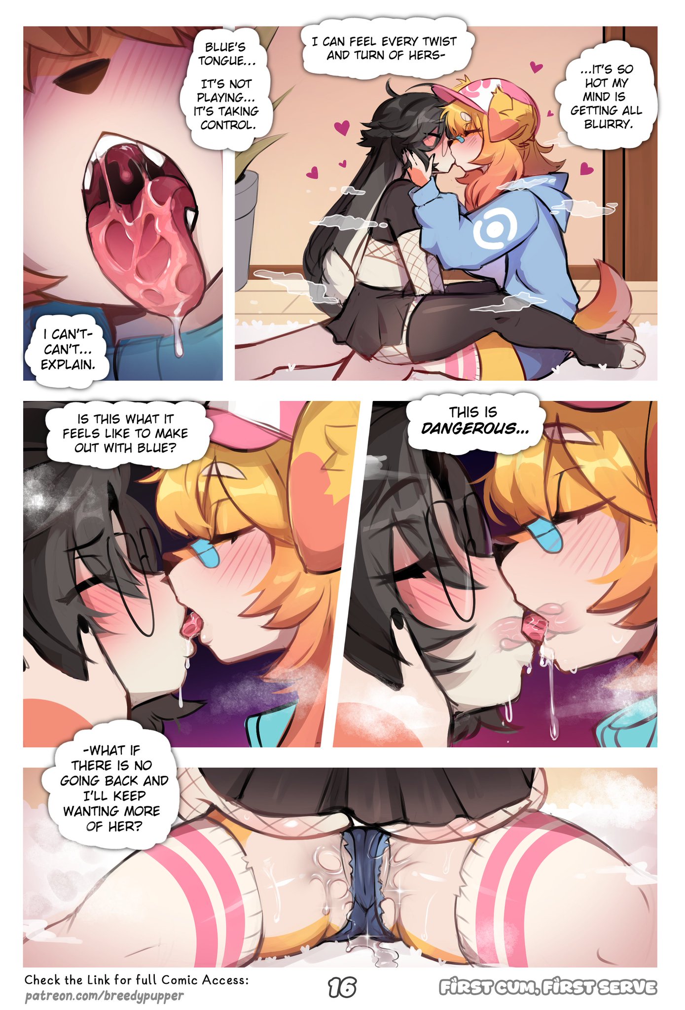 5koma, absurd res, ahe gao, anthro, bandage, bandage on face, big ears, black hair, black thighhighs, blue (breedypupper), blue eyes, blush, blushing profusely, bodily fluids, bottomwear, breasts, breedypupper, brown eyes, camel toe, canid, canine, canis, closed eyes, clothing, comic, domestic dog, ellipsis, english text, eyewear, female, female/female, fishnet clothing, fishnet legwear, fishnet thigh highs, footwear, french kissing, genital fluids, genitals, glasses, hair, hat, headgear, headwear, heart symbol, hi res, hoodie, jennie (breedypupper), kissing, lagomorph, legwear, leporid, looking pleasured, making out, mammal, nintendo, orange hair, pokemon, pussy, pussy juice, rabbit, saliva, short tail, skirt, socks, spread legs, steam, tail, text, thigh highs, thighhighs, tongue, tongue out, topwear, url, vaginal fluids, wet, white thighhighs