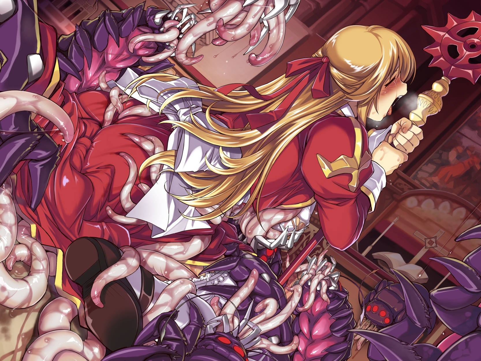 ambiguous penetration, blonde hair, blush, closed eyes, clothing, covered penetration, dress, female, high priest, highres, implied penetration, implied sex, long hair, monster, open mouth, ragnarok online, rape, saliva, sex under clothes, sex under dress, stockings, tear, tentacle, tentacle under clothes, tentacle under dress, tentacles under clothes, xration
