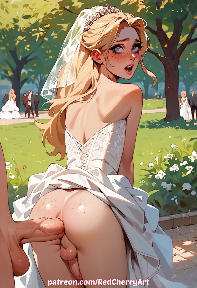 ai generated, anal, ass, bent over, big penis, blonde hair, blush, bride, femboy, freckles, makeup, male, male bride, male wife, no panties, otoko no ko, park, public, redcherryart, sissy, trap, wedding dress