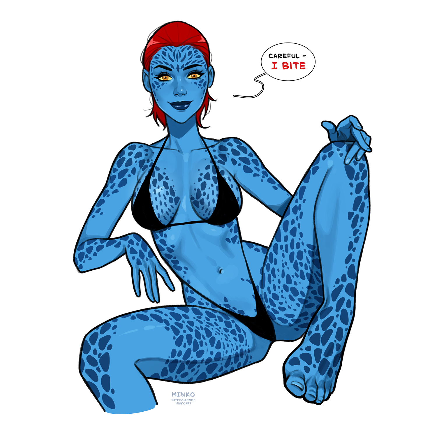 1girls, average breasts, bikini, black bikini, blue body, blue skin, blue-skinned female, breasts, bust, busty, chest, curvaceous, curvy, curvy figure, digital media (artwork), english dialogue, english text, feet, female, freckles, hips, hourglass figure, legs, marvel, marvel comics, mature, mature female, minko, mutant, mutant (marvel), mystique, raven darkholme, red hair, slim waist, solo, speech bubble, spots, spotted body, spotted skin, thick, thick hips, thick legs, thick thighs, thighs, toes, voluptuous, waist, white background, wide hips, x-men, yellow eyes