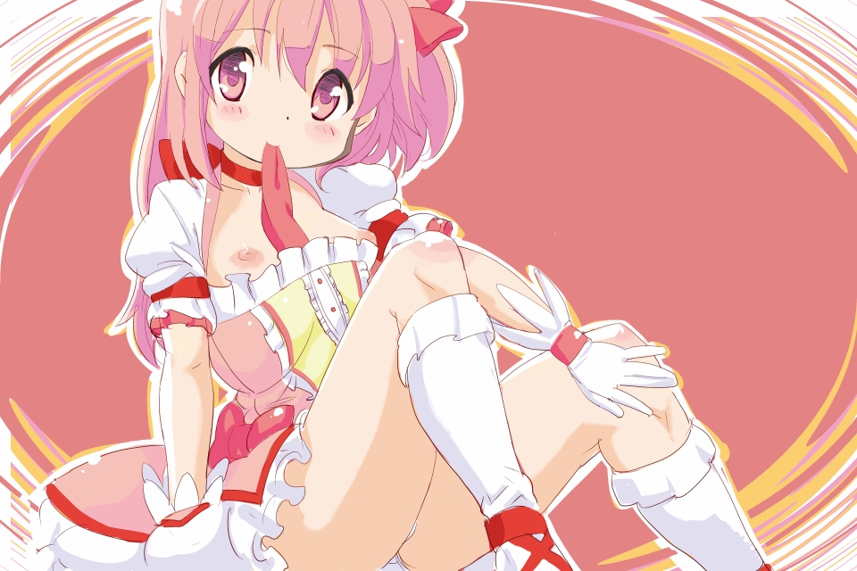 blush bow breasts choker female gloves hairbow human madoka_kaname magical_girl mahou_shoujo_madoka_magica mouth_hold nipples panties pink_eyes pink_hair ribbon ribbon_in_mouth shirt_pull short_hair short_twintails side_ponytail smile tetsujin_momoko underwear white_panties