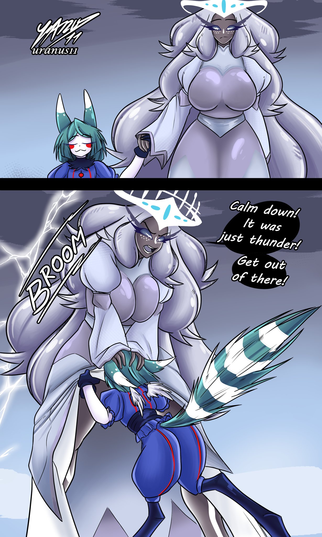 2girls, angel girl, ass, aureola, bare shoulders, big ass, big breasts, big butt, color, dark skin, dark-skinned male, english text, female, female focus, female only, hazbin hotel, hi res, large breasts, long hair, original character, sera (hazbin hotel), tagme, text, text bubble, thunder, uranus1128, vivienne medrano, yuri