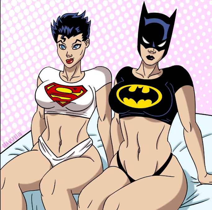 2girls almost_naked batman_(series) batwoman bed bedroom big_boobs big_breasts blue_eyes breasts dc dc_comics drawsputin earth_11 female female_only half_dressed half_naked helena_kane kryptonian laurel_kent lipstick rule_63 shirt short_hair solo_female superheroine superman_(series) superwoman thighs thong underwear wide_hips