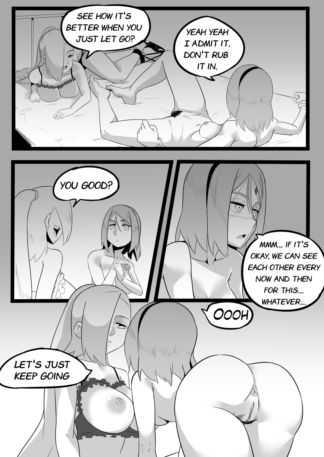 bed, boruto: naruto next generations, breasts, comic, dialogue, english text, female, ino yamanaka, monochrome, naruto, naruto (series), nude, pussy, sakura haruno, story, text, ukaya masaru mx, yuri