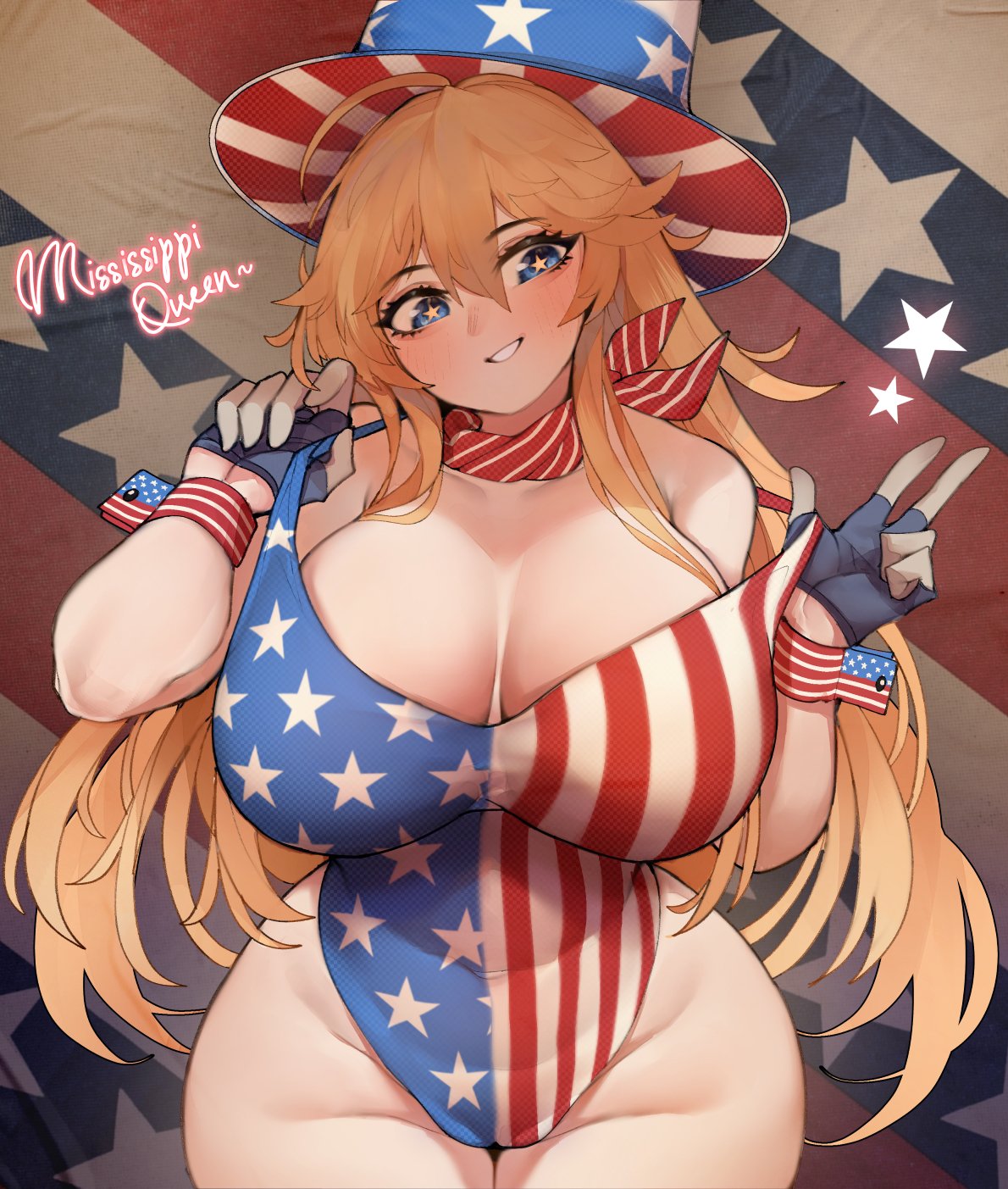 ahoge alternate_costume american_flag american_flag_print american_flag_swimsuit bangs blonde_hair blue_eyes blush breasts breasts_out female flag_print gloves hair_between_eyes hat highres huge_breasts iowa_(kantai_collection) kantai_collection long_hair looking_at_viewer nipples off_shoulder one-piece_swimsuit scarf sidelocks simple_background solo star-shaped_pupils star_(symbol) swimsuit symbol-shaped_pupils thick_thighs top_hat uni_(oni_unicorn) very_long_hair wide_hips wrist_cuffs yellow_pupils