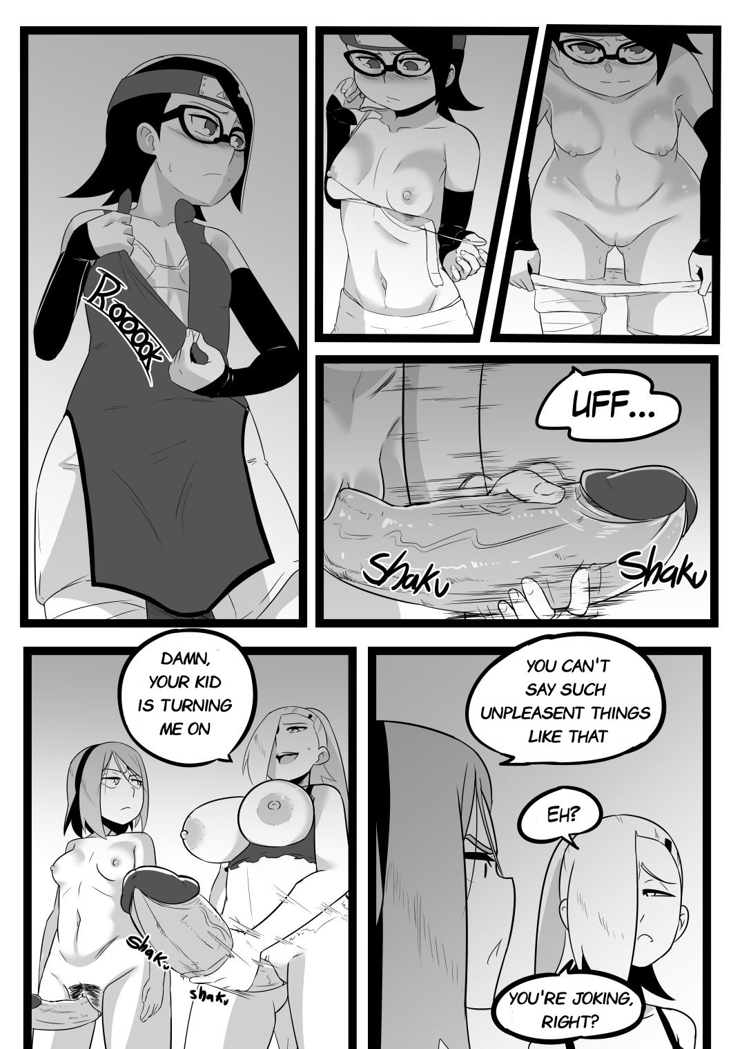 boruto: naruto next generations, comic, dialogue, english text, female, ino yamanaka, monochrome, naruto, naruto (series), sakura haruno, sarada uchiha, story, text, ukaya masaru mx