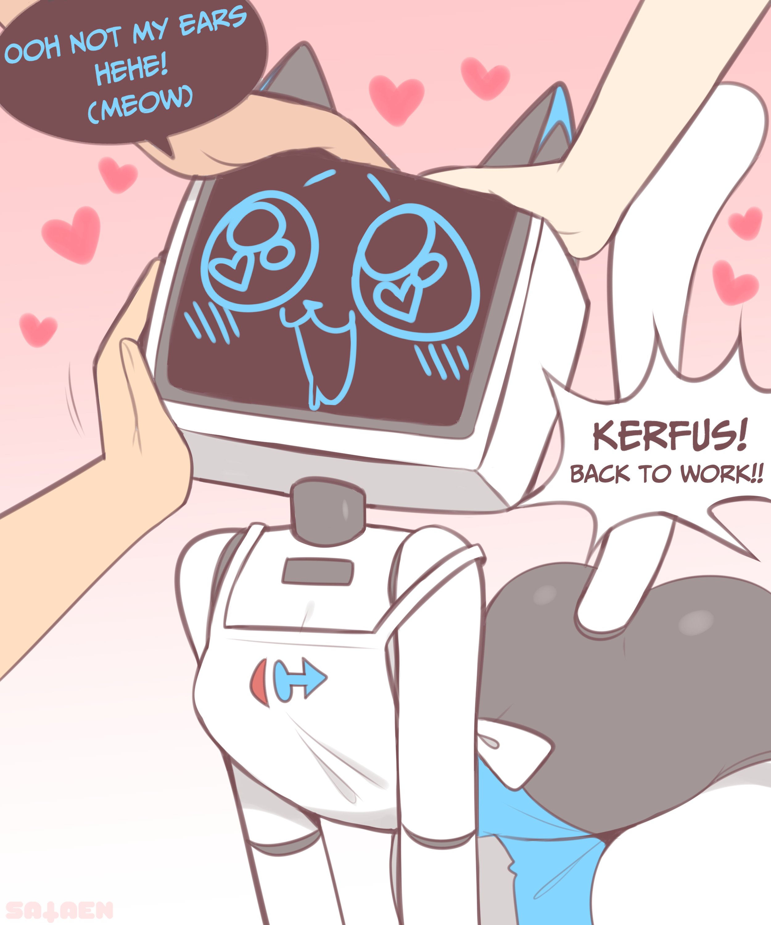 1girls, 2022, 2d, android, animal ears, anthro, apron, ass, bent over, blush, breasts, cat ears, cat tail, cleavage, drooling, english text, female, furry, headpat, heart, heart-shaped pupils, humanoid, kerfuś, kerfuś female, naked apron, petting, robot, robot girl, robot humanoid, sataenart, screen face, small breasts, tagme, tail, talking, text