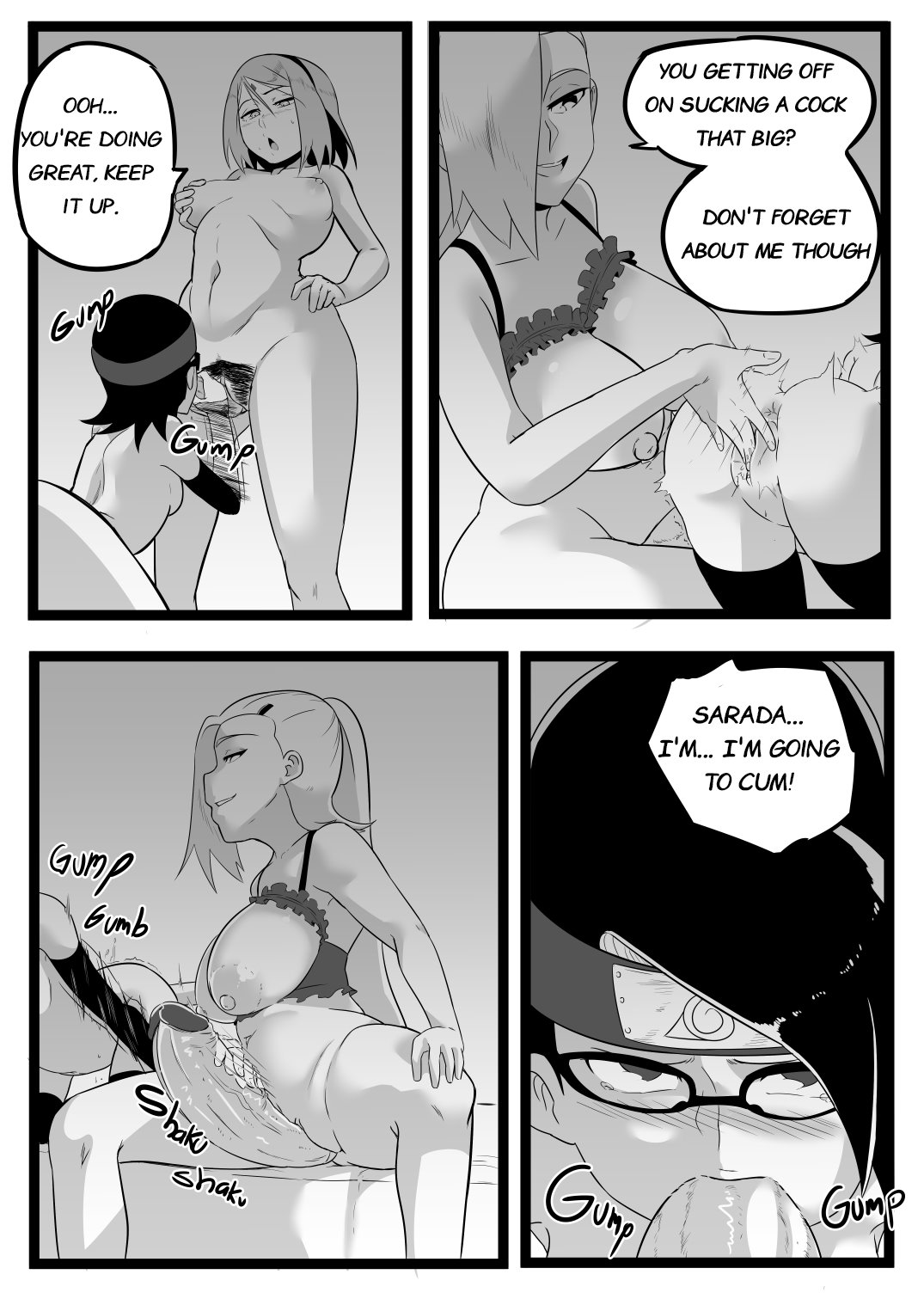 boruto: naruto next generations, comic, dialogue, english text, female, ino yamanaka, monochrome, naruto, naruto (series), sakura haruno, sarada uchiha, story, text, ukaya masaru mx